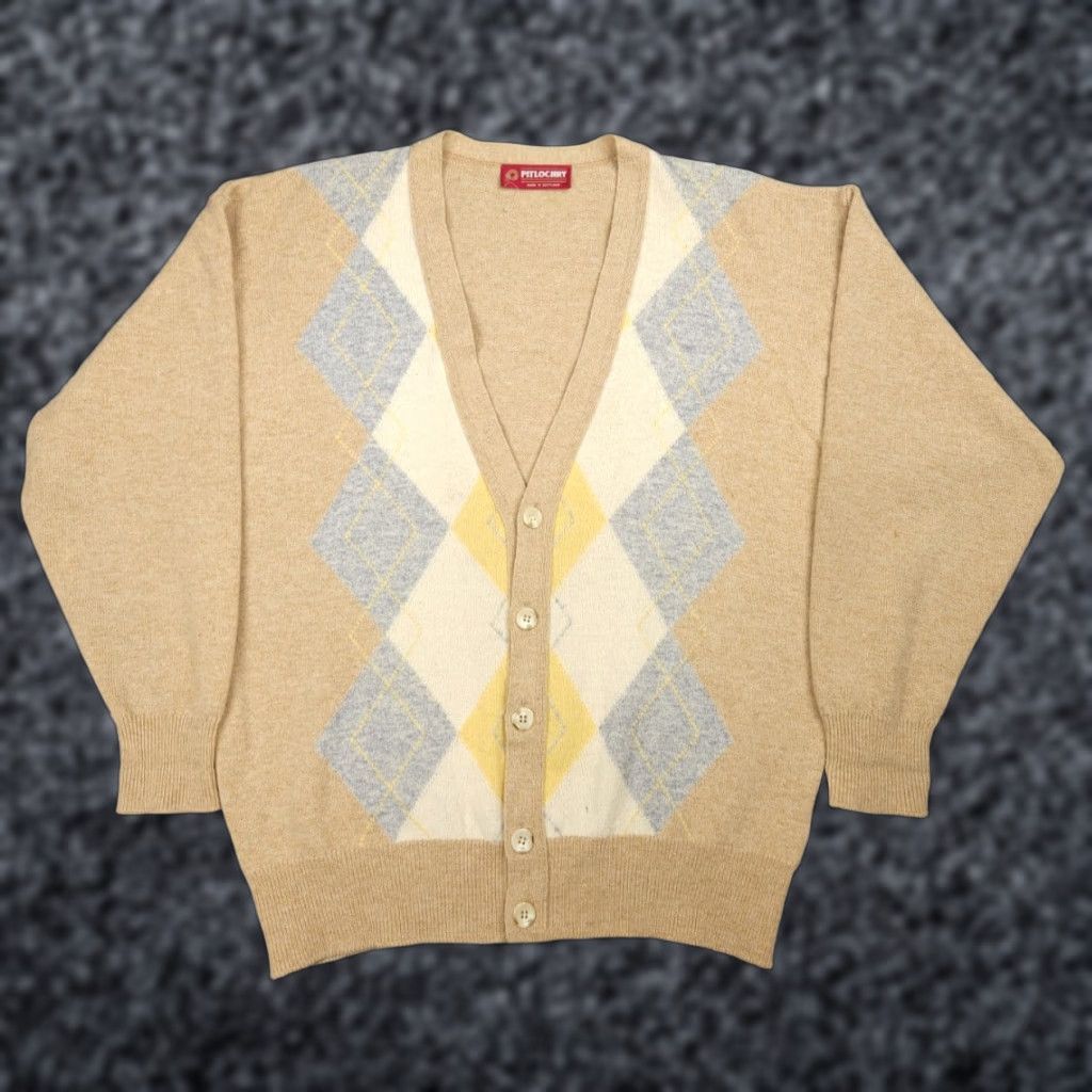 Vintage Pitlochry Knitwear Pitlochry Wool Cardigan Sweater Mens 2XL Beige Argyle Made Scotland 1970s Wool Regular Letterman Mens Size US XXL / EU 58 / 5 - 1 Thumbnail