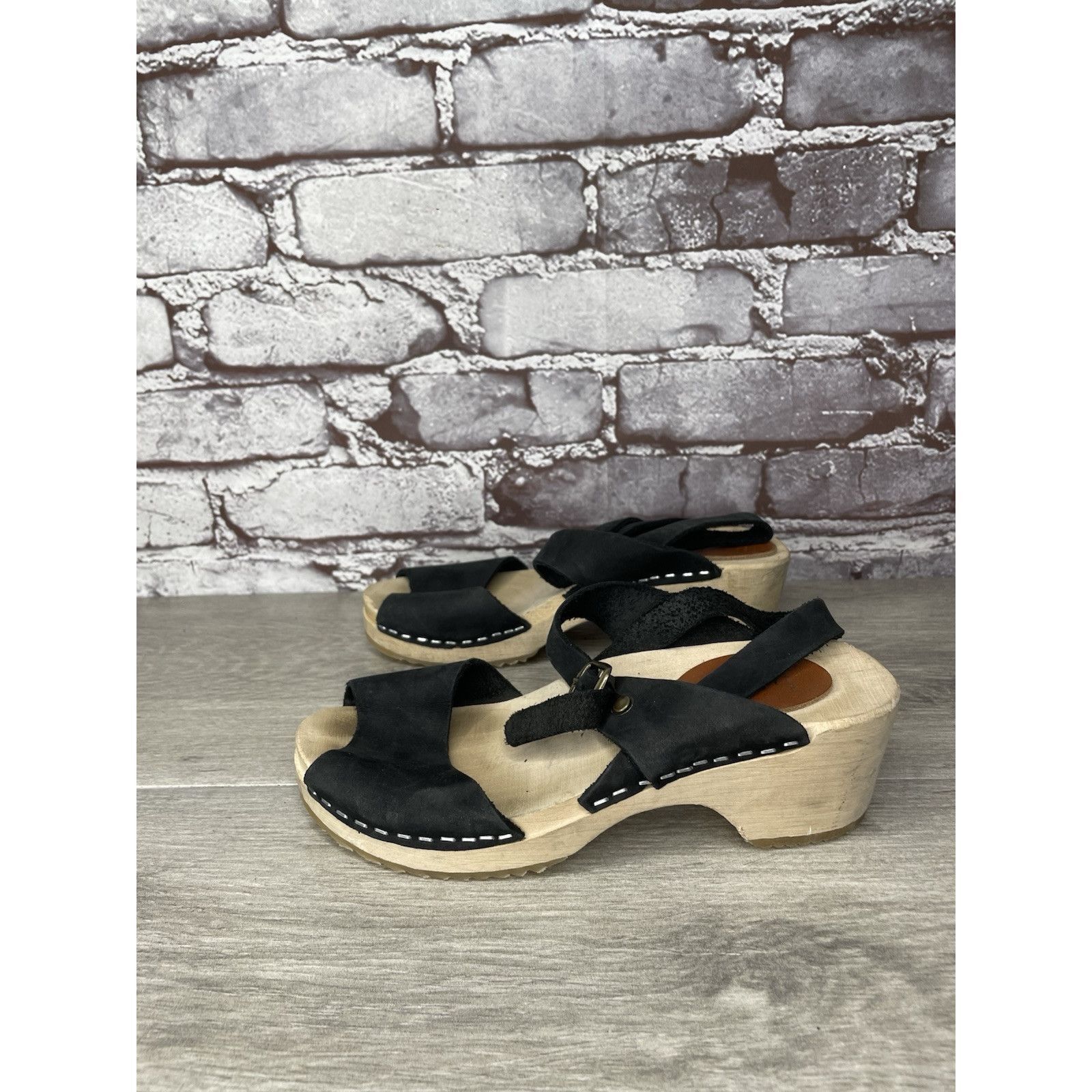 Other Mabo Black Leather Peep Toe Strap Sweden Clogs Heel Sandals Size US 4 / IT 34 - 17 Thumbnail