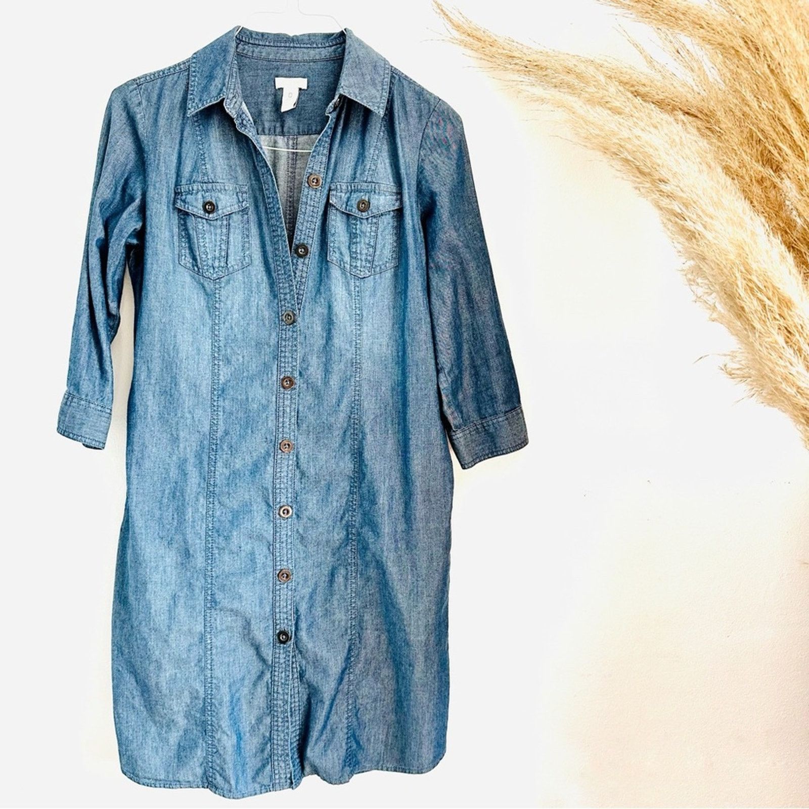 Chicos CHICOS Blue Denim Button 3/4 Mini Shirt Dress Tunic Pockets Size S / US 4 / IT 40 - 4 Thumbnail