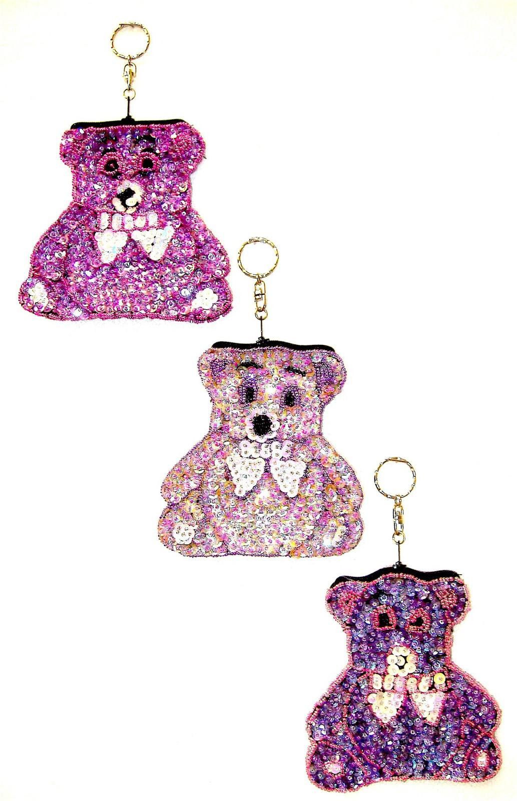 Designer Sequin Beaded Coin Purse Keychain Fancy Bear (set of 3) Size ONE SIZE - 1 Preview