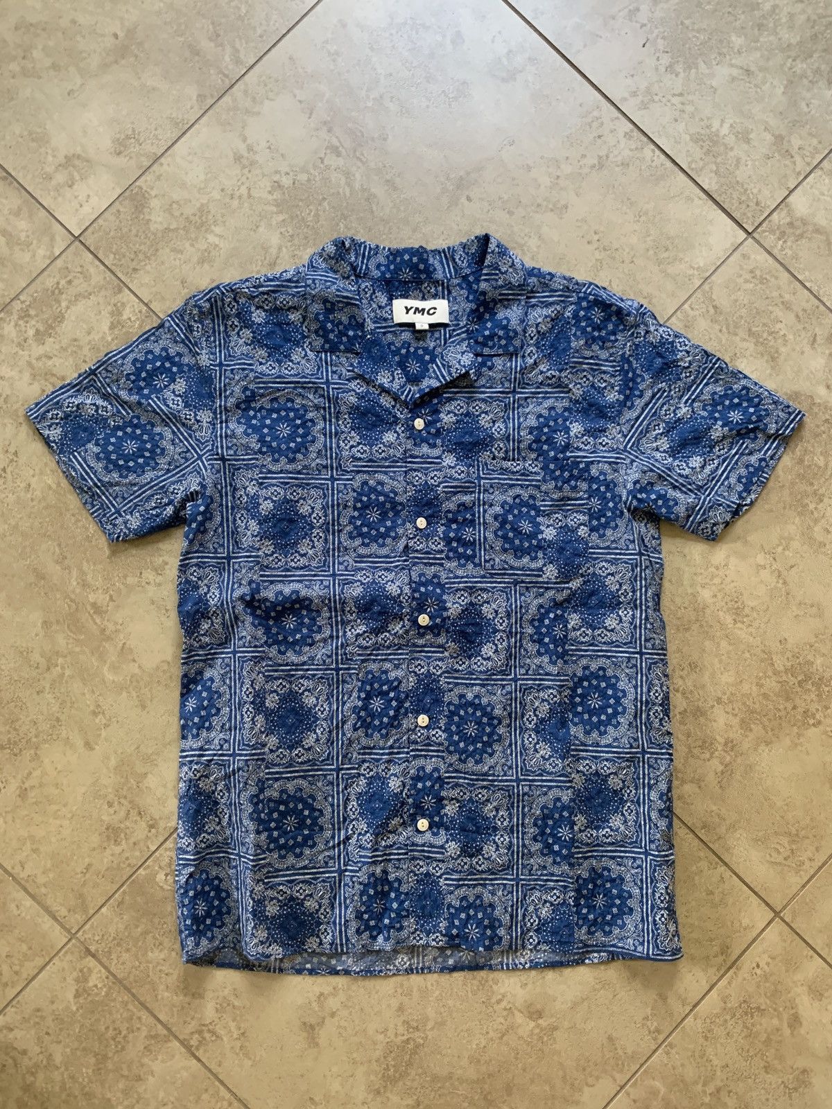 image of Ymc Bandana Seasucker Camp Collar Button Up in Blue, Men's (Size Small)
