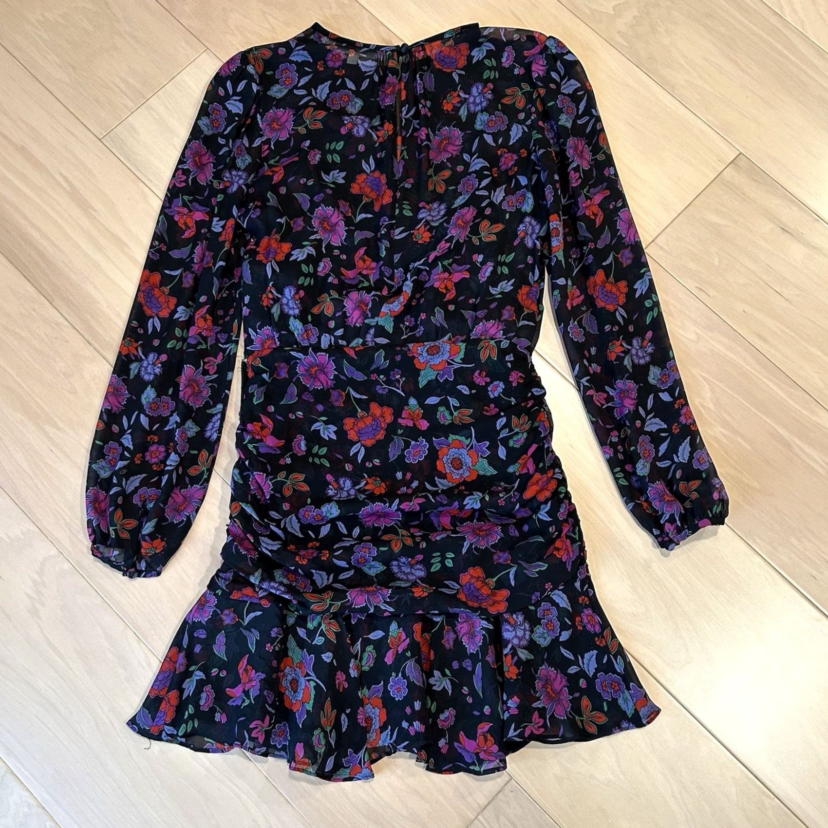 Veronica Beard VERONICA BEARD Mini-Dress Women’s Floral Silk Ruched Long Sleeve Black/Purple Multicolor 0 Size XS / US 0-2 / IT 36-38 - 4 Thumbnail