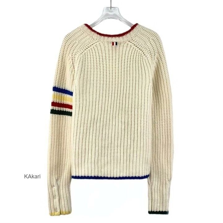 Thom Browne Thom Browne Beige Four-Bar Wool Crewneck Sweater Size US M / EU 48-50 / 2 - 2 Thumbnail