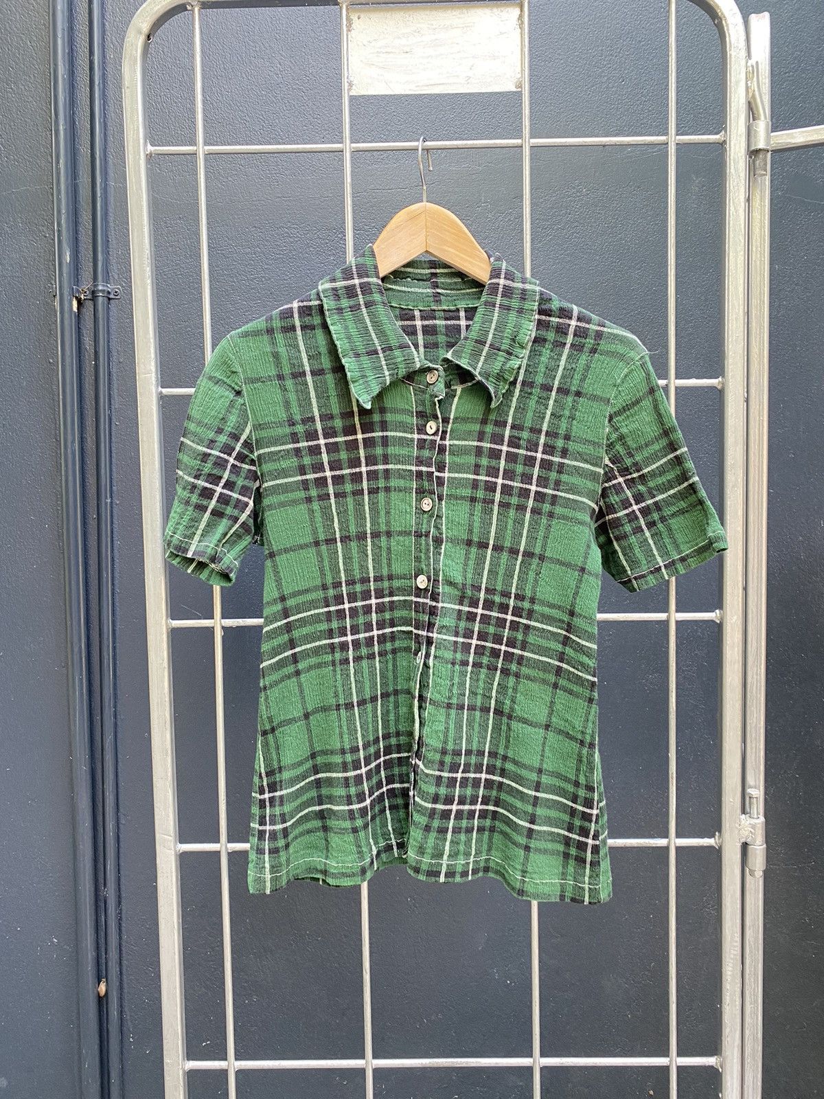 Image of Tsumori Chisato Green Plaid Crepe Shirt, Men's (Size Small)