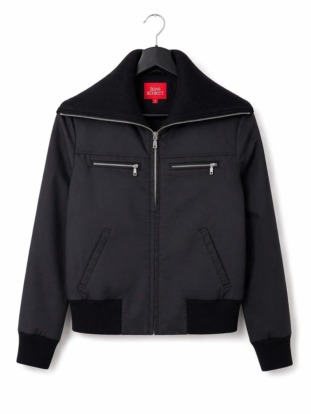 Japanese Brand Eins Schritt Black Cropped Bomber Jacket Wide Rib Collar Size US L / EU 52-54 / 3 - 1 Thumbnail