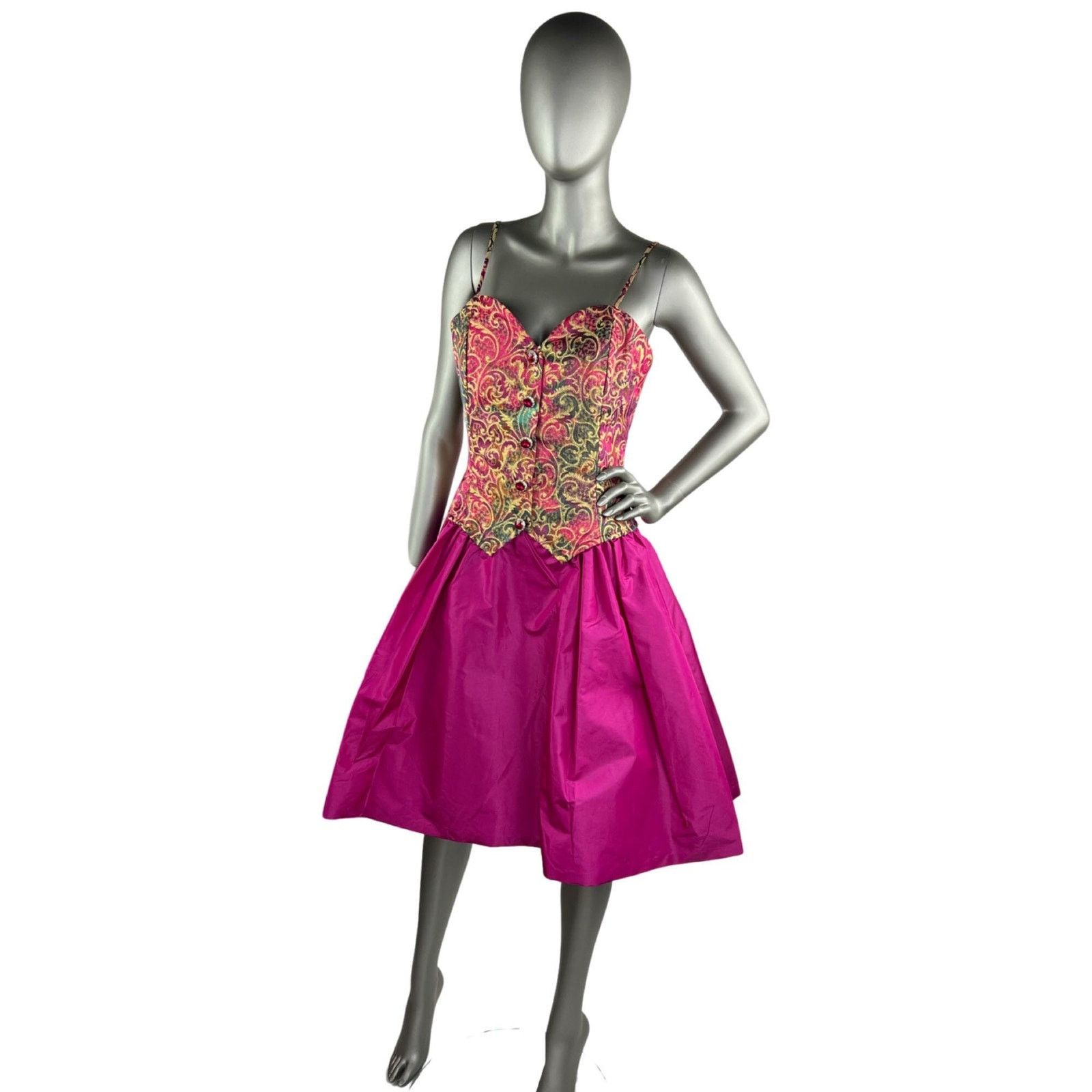Vintage Vintage 1980s Victor Costa Fuchsia Dress Crystal Buttons SM Size S / US 4 / IT 40 - 5 Thumbnail