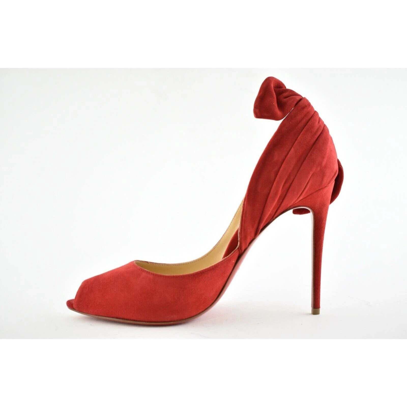 Christian Louboutin Barbara 100 Oeillet Red Suede Peep Toe Bow Heel Pump 39.5 Size US 9.5 / IT 39.5 - 6 Thumbnail