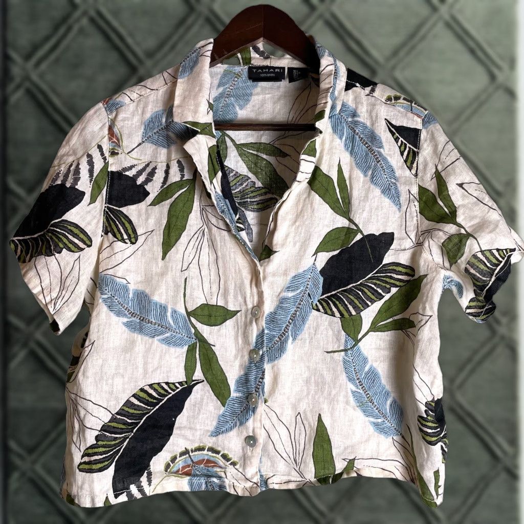 Vintage Tahari Top Women's L Linen Button Ivory Floral Coastal Casual tropical Hawaiian Palm Leaves 2020s Womens Size L / US 10 / IT 46 - 1 Thumbnail