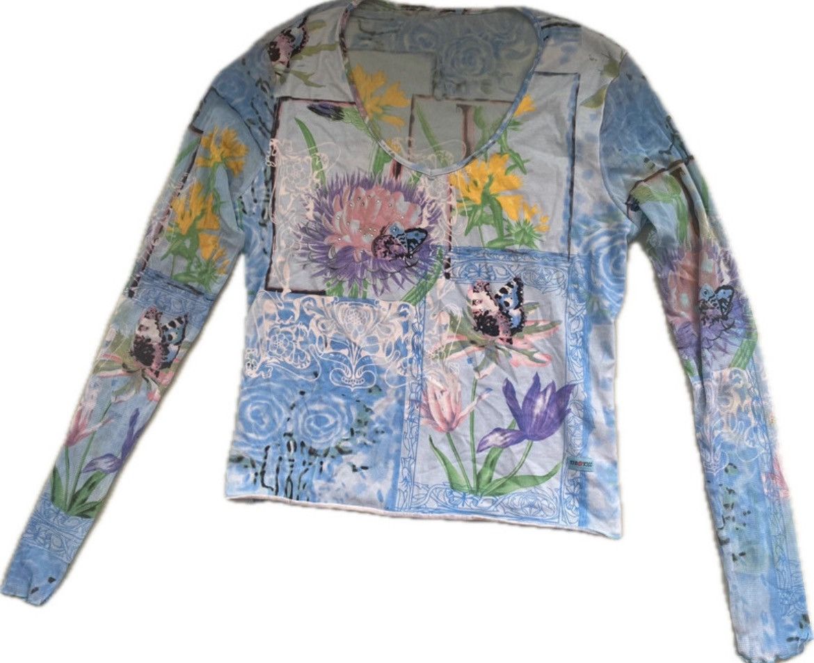Vintage Vintage Y2K Long Sleeves blouse Printed Blue Mesh Top Coquette Avant Garde Size S / US 4 / IT 40 - 1 Thumbnail