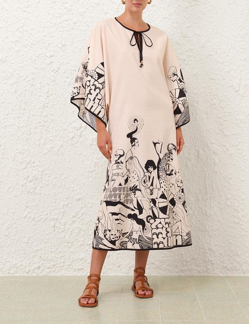 Zimmermann oc11z0126 Maxine Kaftan Midi Dress in Cream/Black Size S / US 4 / IT 40 - 2 Thumbnail