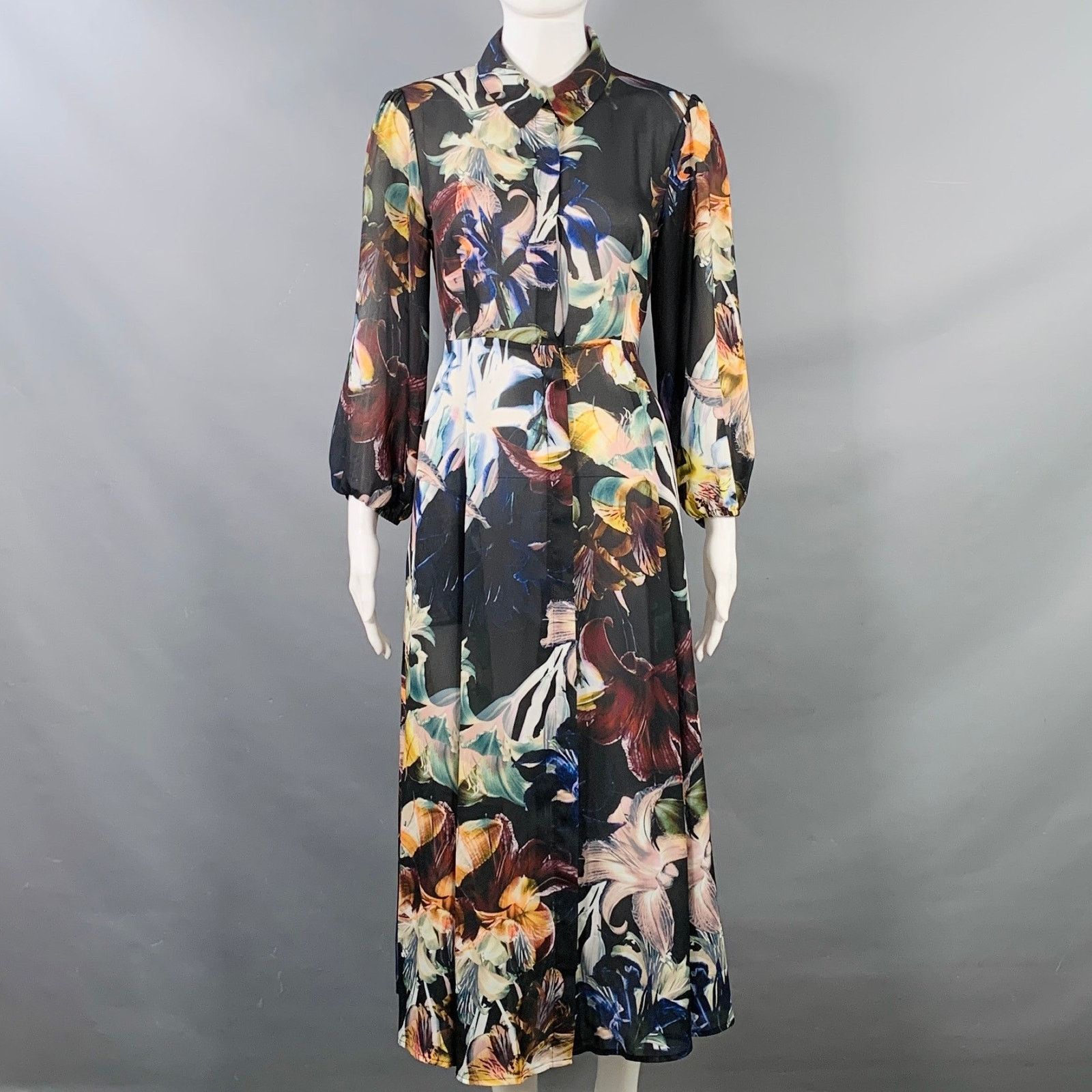 Other Black Multi Color Polyester Floral 3/4 Sleeves Shirt Dress Size M / US 6-8 / IT 42-44 - 1 Thumbnail