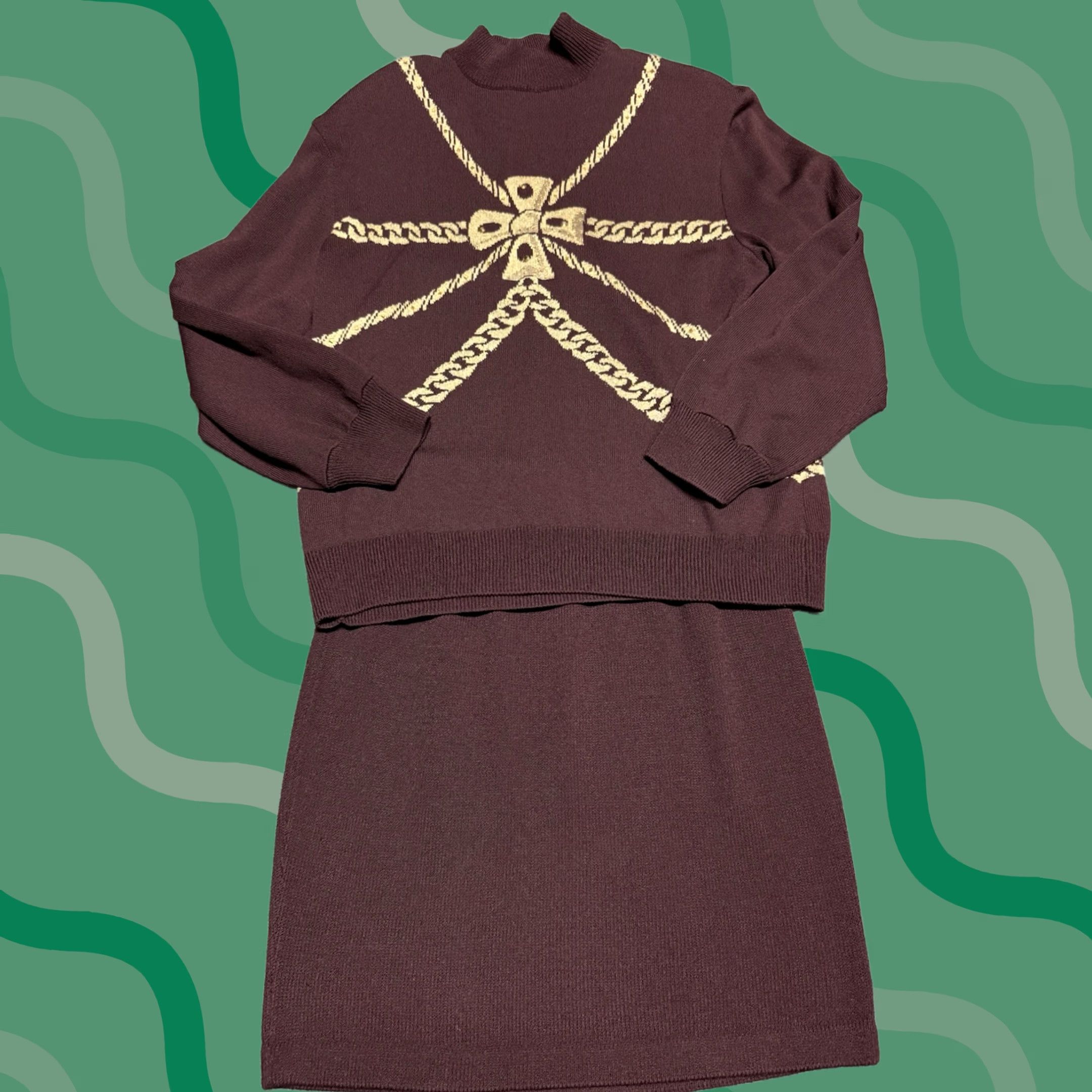 St. John St. John Collection Brown Knit 2 Piece Skirt Suit Womens 2 with Gold Chain Bow Size XS / US 0-2 / IT 36-38 - 1 Thumbnail