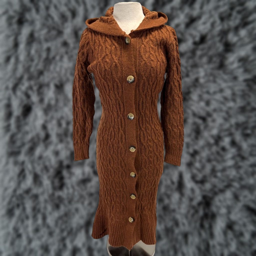 Anthropologie VINTAGE Anthropologie Cable-Knit Cardigan Sweater XS Orange Hooded Duster Fisherman Womens Size XS / US 0-2 / IT 36-38 - 1 Thumbnail
