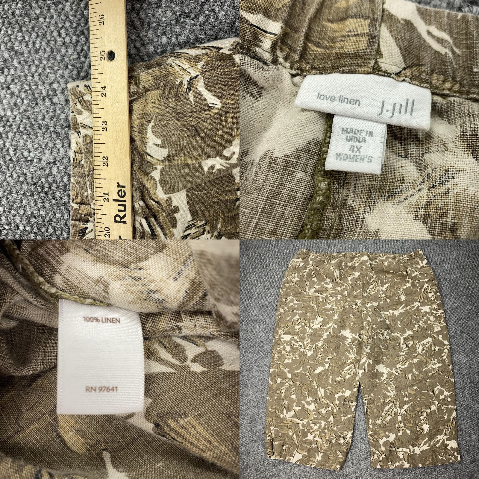 J. Jill J Jill Love Linen Pants Womens 4X Capri Cropped Casual Brown Tan Leaf Print Size 40" / US 18 - 8 Thumbnail