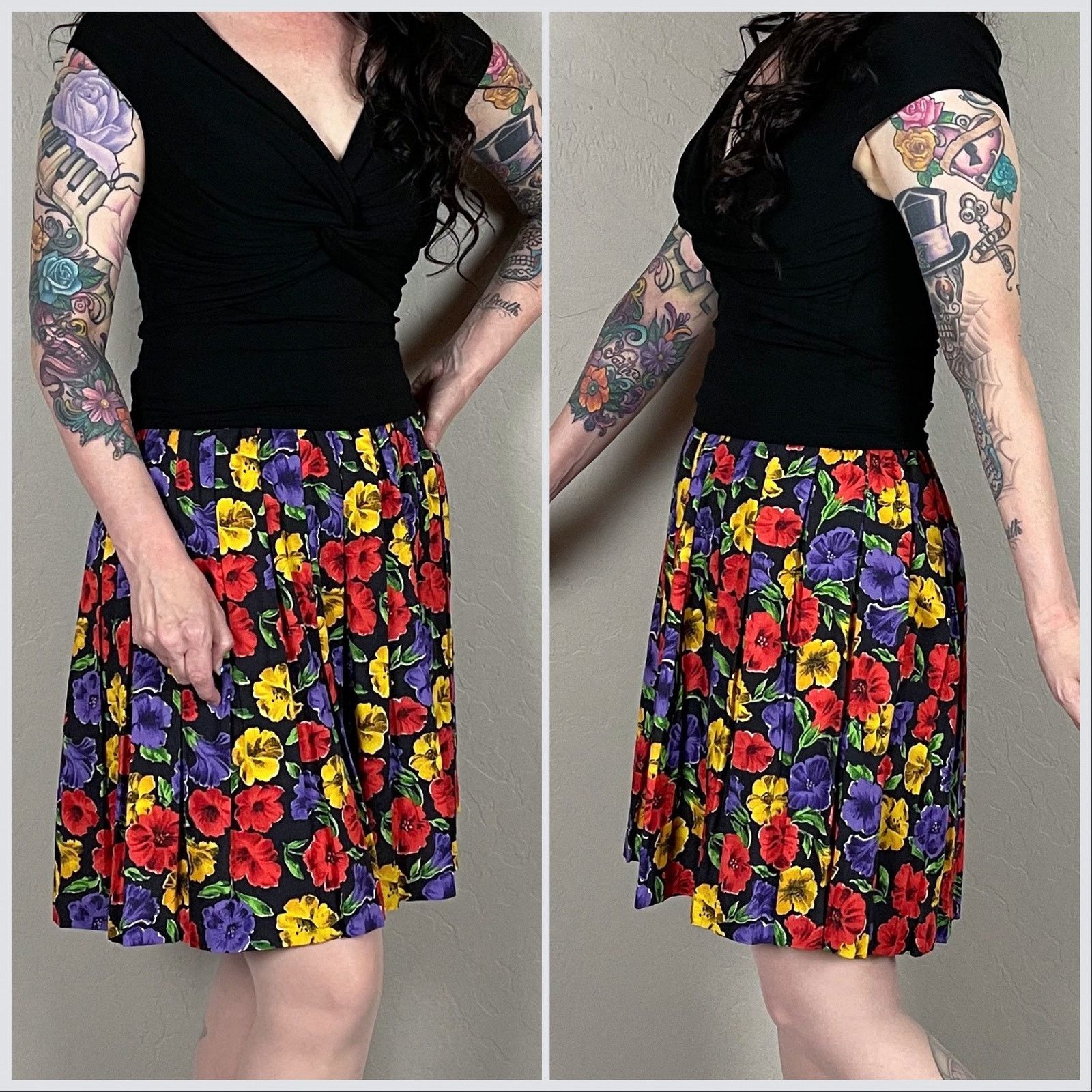 Vintage Vintage 1980s Black Petunia Print Pleated Mini Skirt Size 26" / US 2 / IT 38 - 2 Thumbnail