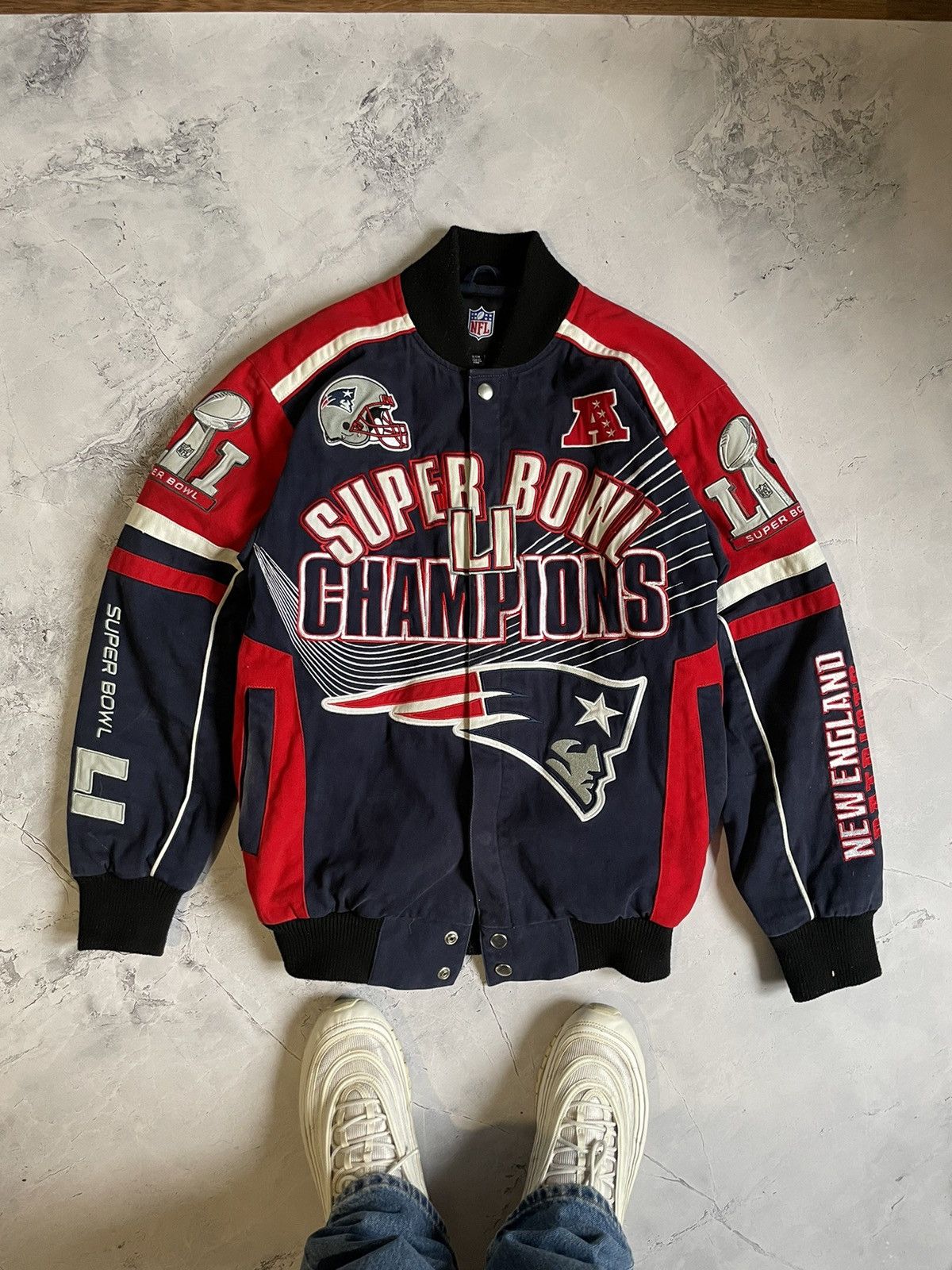 image of National England Patriots Nfl Bomber Bowl Jacket in Blue White Red, Men's (Size Small)