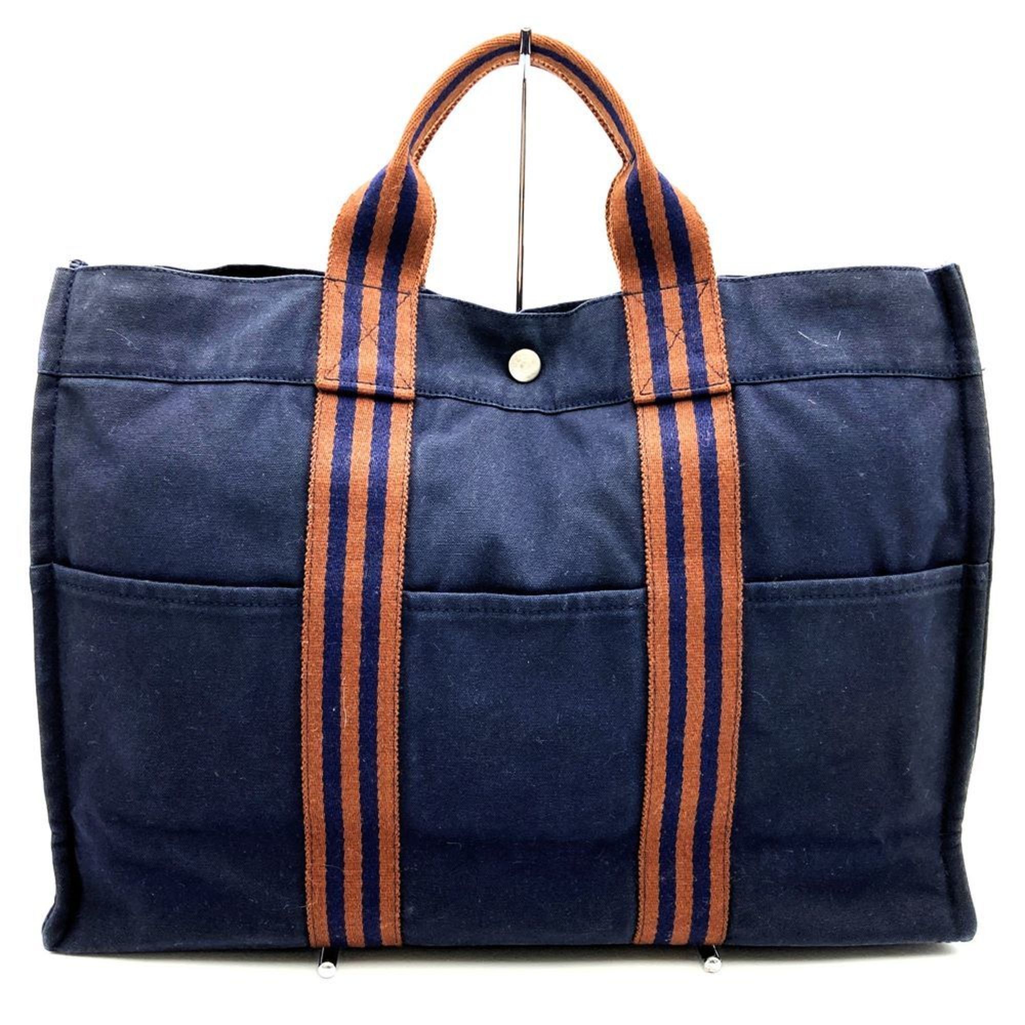 Hermes Foul Tote Mm Handbag Bag Canvas Cotton Navy Brown Women's It9Ou2Ntl1Ho in Blue