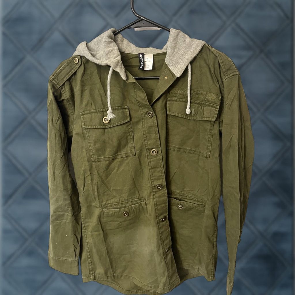H&M VINTAGE H&M Womens Military Style Cargo Jacket Short Cotton Denim Fall Spring Casual 80s Army Green Hooded Size 4 Women Size S / US 4 / IT 40 - 1 Thumbnail