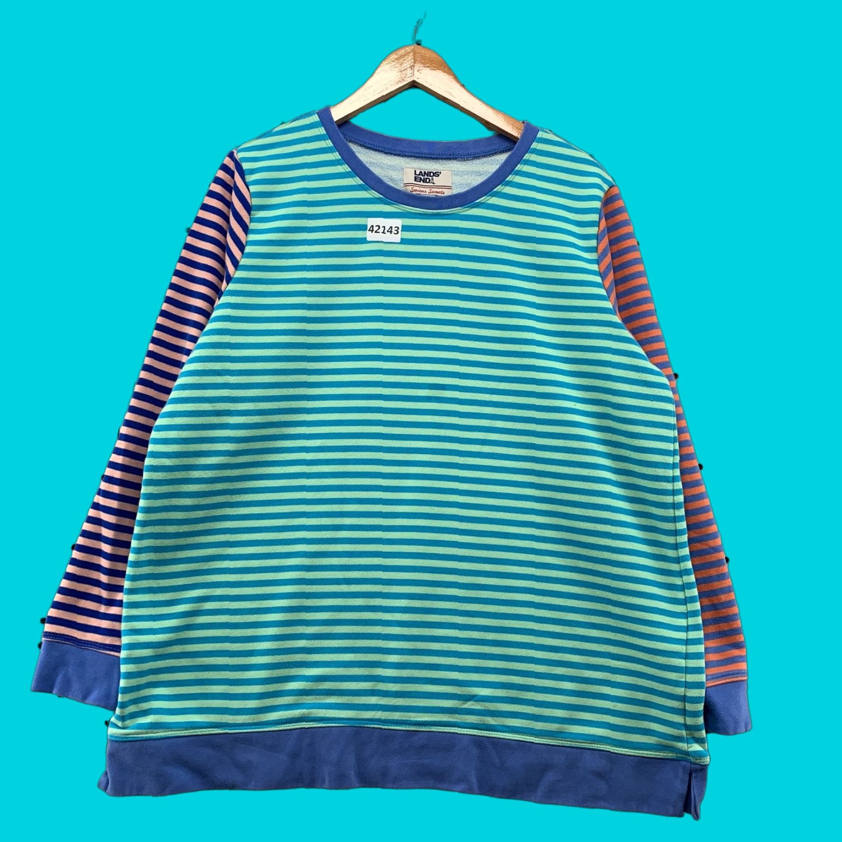 Lands' End Lands' End Serious Sweats Crewneck Sweatshirt Womens L Blue Happy Stripes 22.5x28 Size L / US 10 / IT 46 - 1 Thumbnail