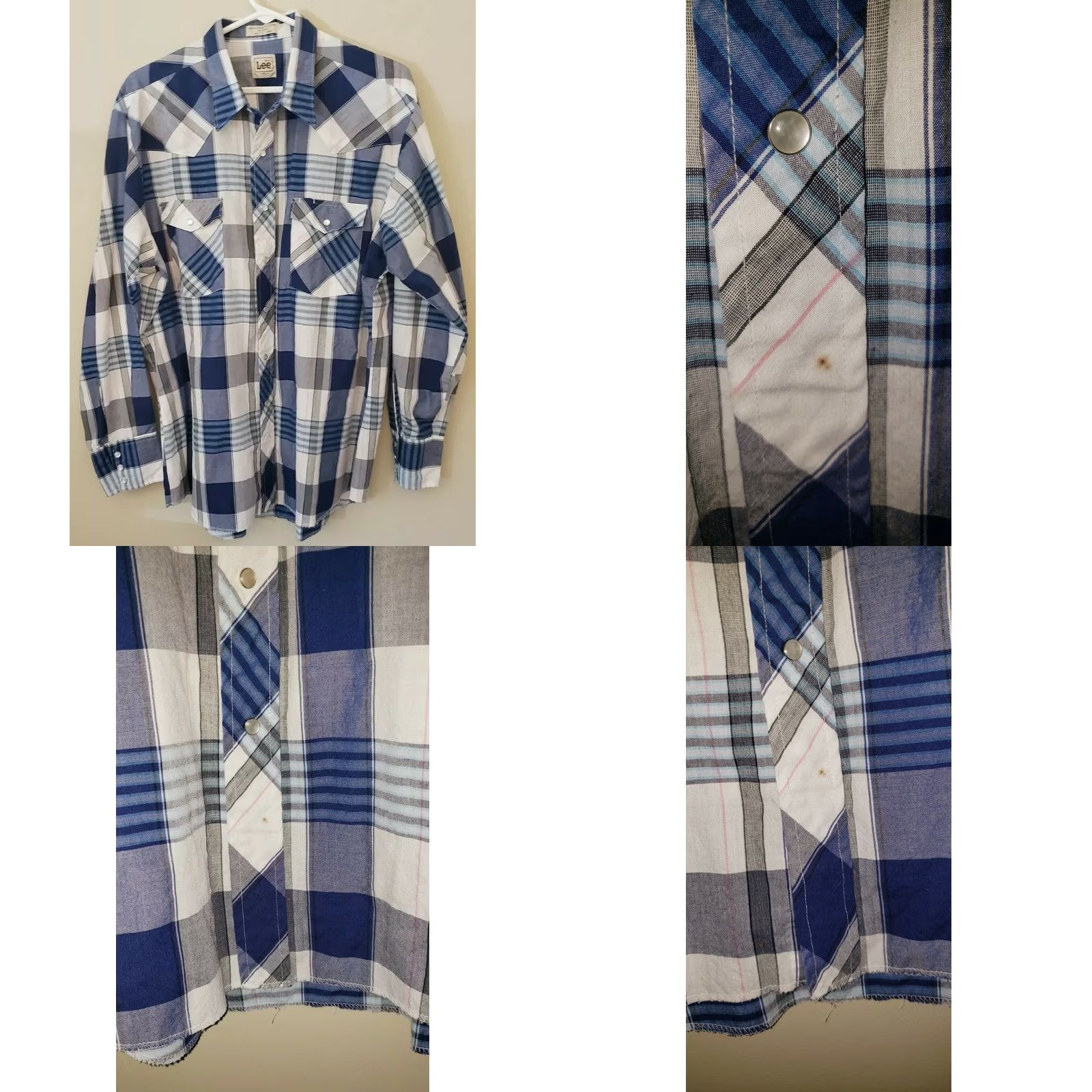 Lee Lee Pearl Snap Button Long Sleeve Shirt Men's XL Blue White Plaid Denim Size US XL / EU 56 / 4 - 8 Thumbnail