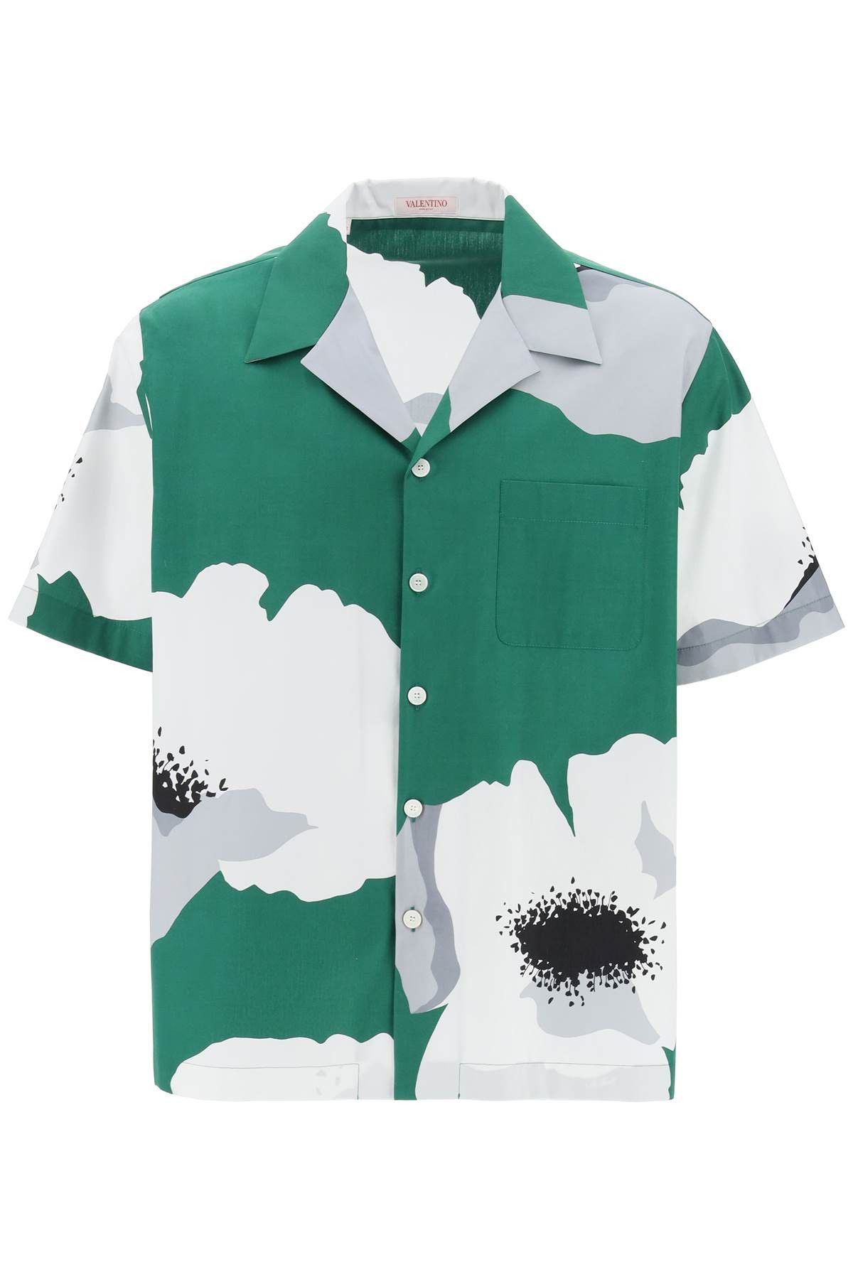 image of Valentino Garavani "flower Portrait Print Poplin Bowling Shirt" in Smeraldo Grigio (Size Large)