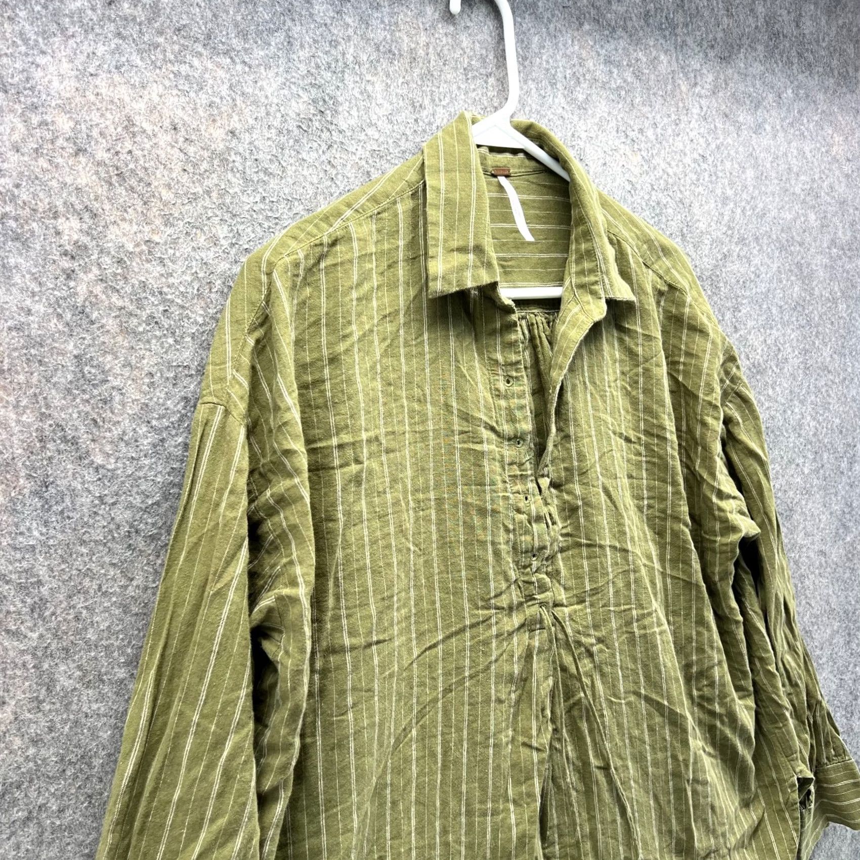 Free People VINTAGE Free People Shirt Women Small Green Striped Linen Blend Drawstring Top Soft Size S / US 4 / IT 40 - 3 Thumbnail