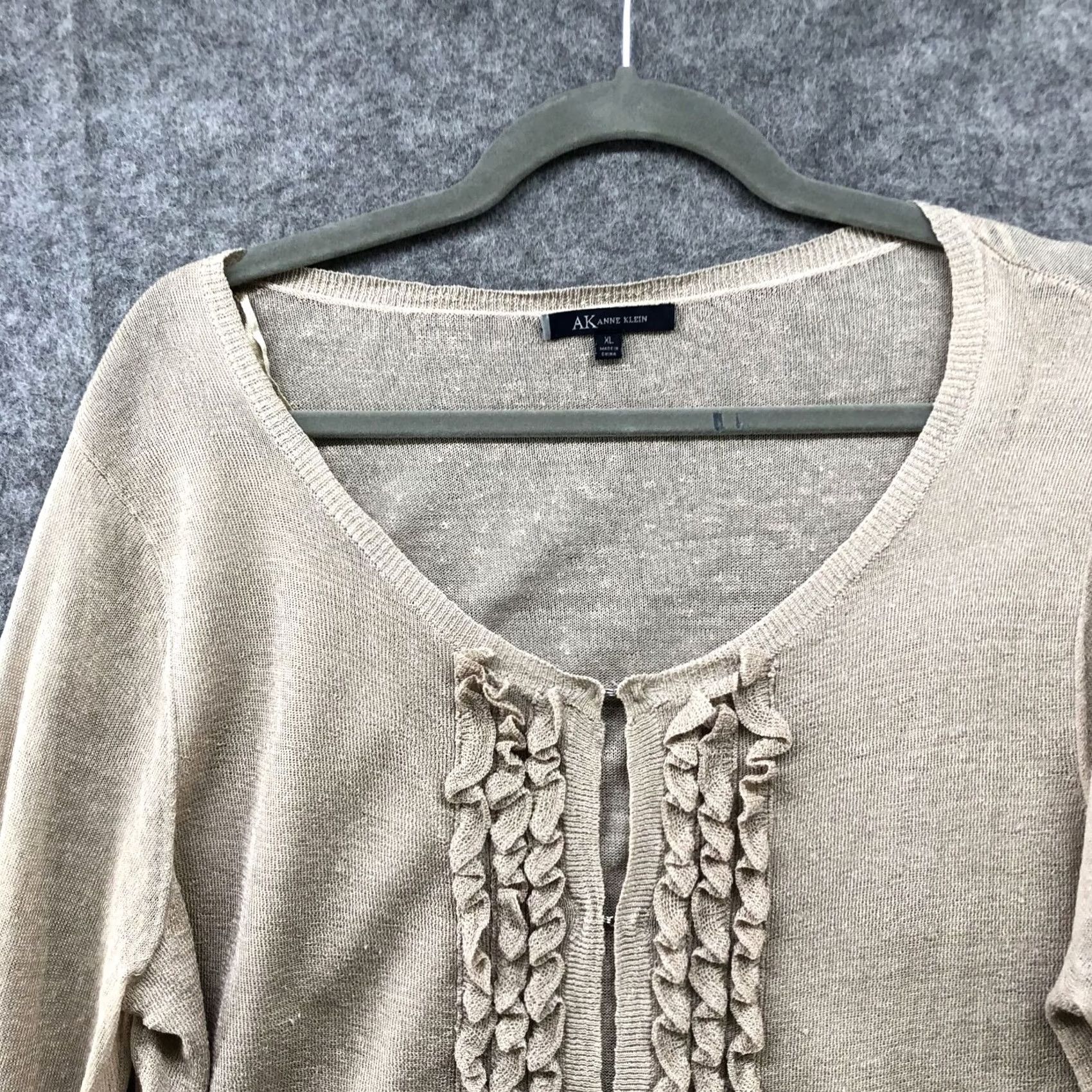 Ann Taylor Anne Klein Linen Blend Cardigan Womens XL Beige Open Knit Ruffle Front Hook Size XL / US 12-14 / IT 48-50 - 3 Thumbnail
