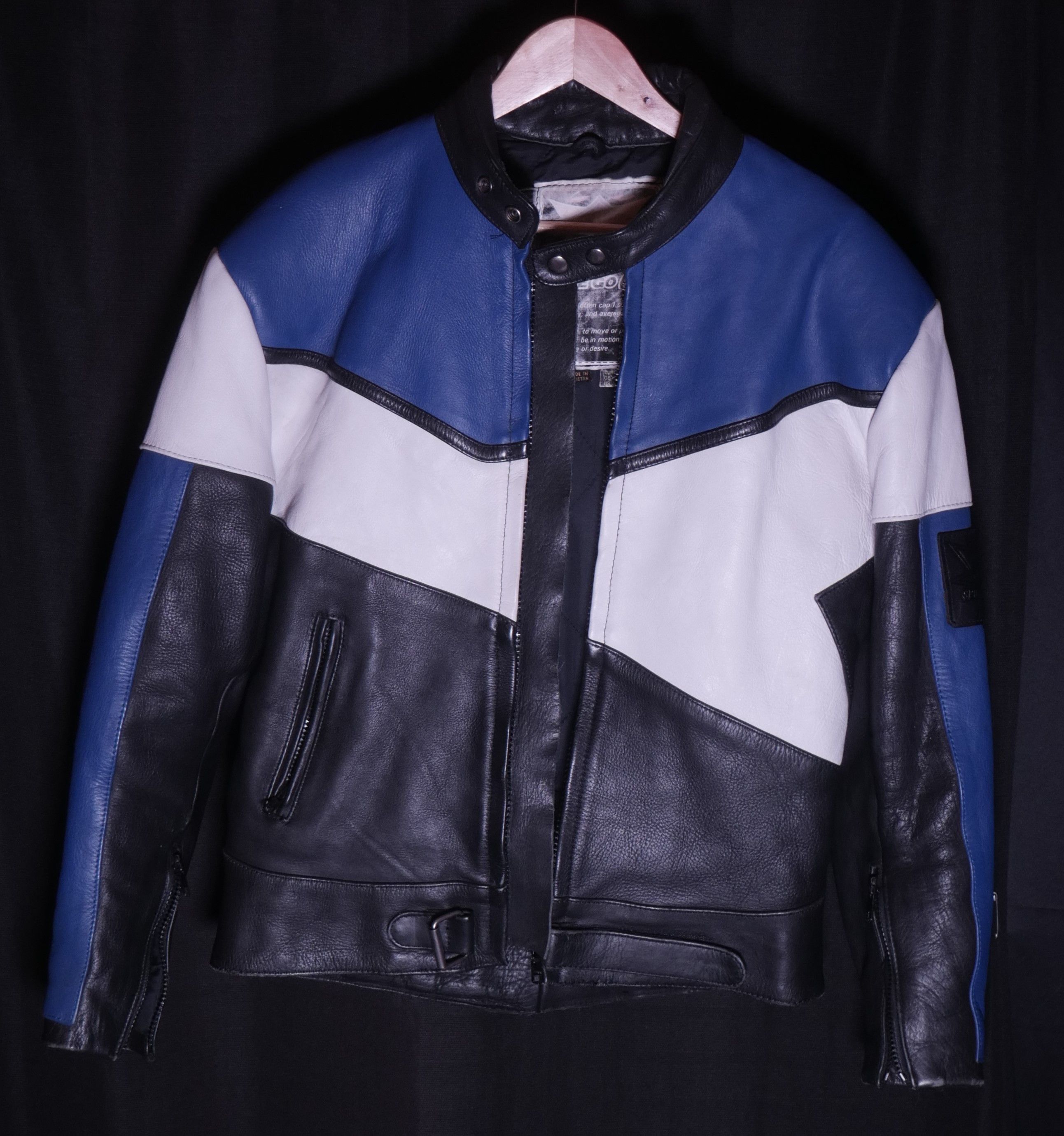 image of Leather Jacket x Racing Vintage Leather Racer/motorcycle Jacket Y2K in Blue, Men's (Size Medium)