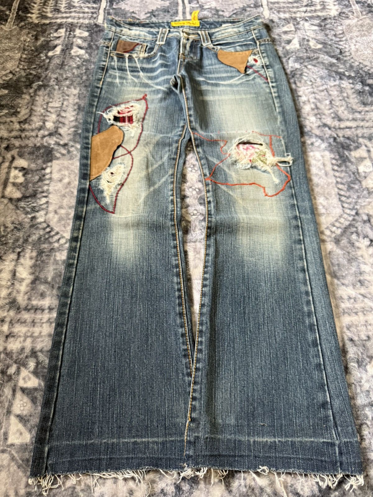 Hysteric Glamour Lucy Pearl Patch Work Leather Trimmed Shashiko Flared Jeans Size US 27 - 1 Thumbnail