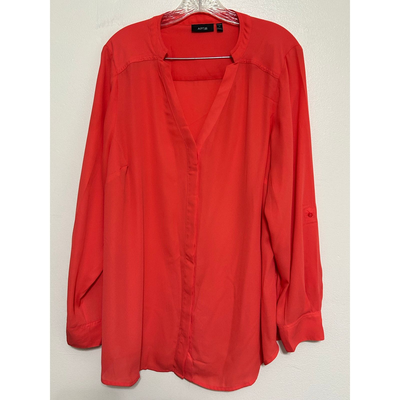 Apt. 9 Apt. 9 Coral Collarless Tunic Blouse Roll Tab Sleeves 1X Size XXL / US 16-18 / IT 52-54 - 1 Thumbnail