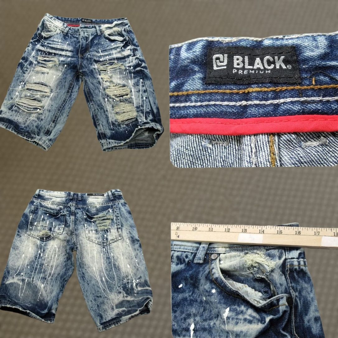 Denime CJ Black Premium Denim Shorts Men 32 Distress Paint Splatter Regular Flat Front Pockets Blue 11in Inseam Adults Mens Size US 32 / EU 48 - 1 Thumbnail