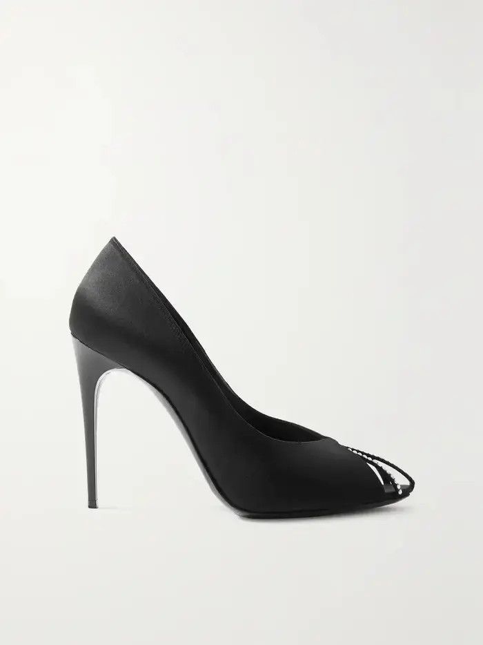 Saint Laurent Paris o1b1hav110325 Alix Silk Satin Rhinestones Pumps in Black Size US 5 / IT 35 - 1 Thumbnail