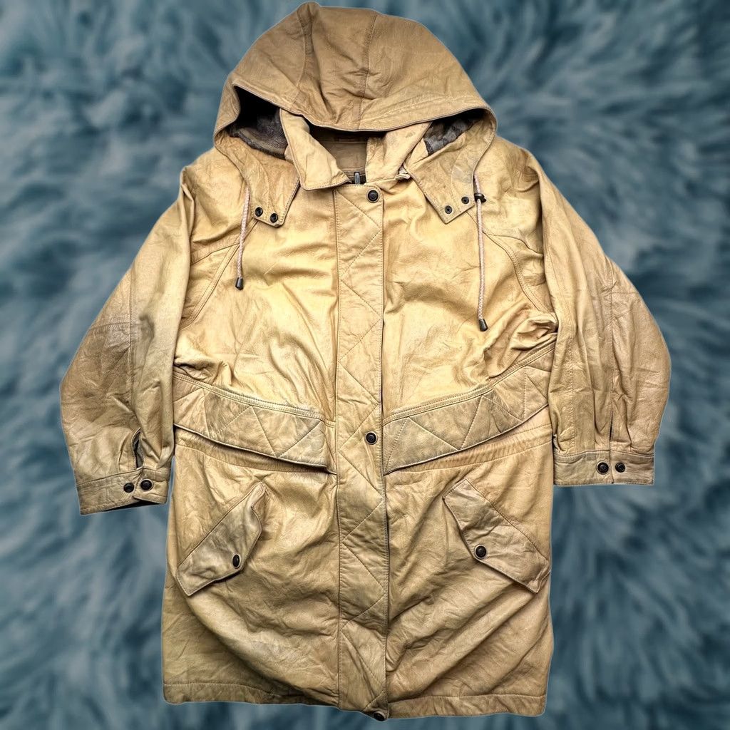Vintage VINTAGE Adventure Bound Thinsulate Leather Coat Jacket Hooded Womens XL Beige Tan Aztec Southwestern Long Coat with Zipper Pockets Size XL / US 12-14 / IT 48-50 - 1 Thumbnail