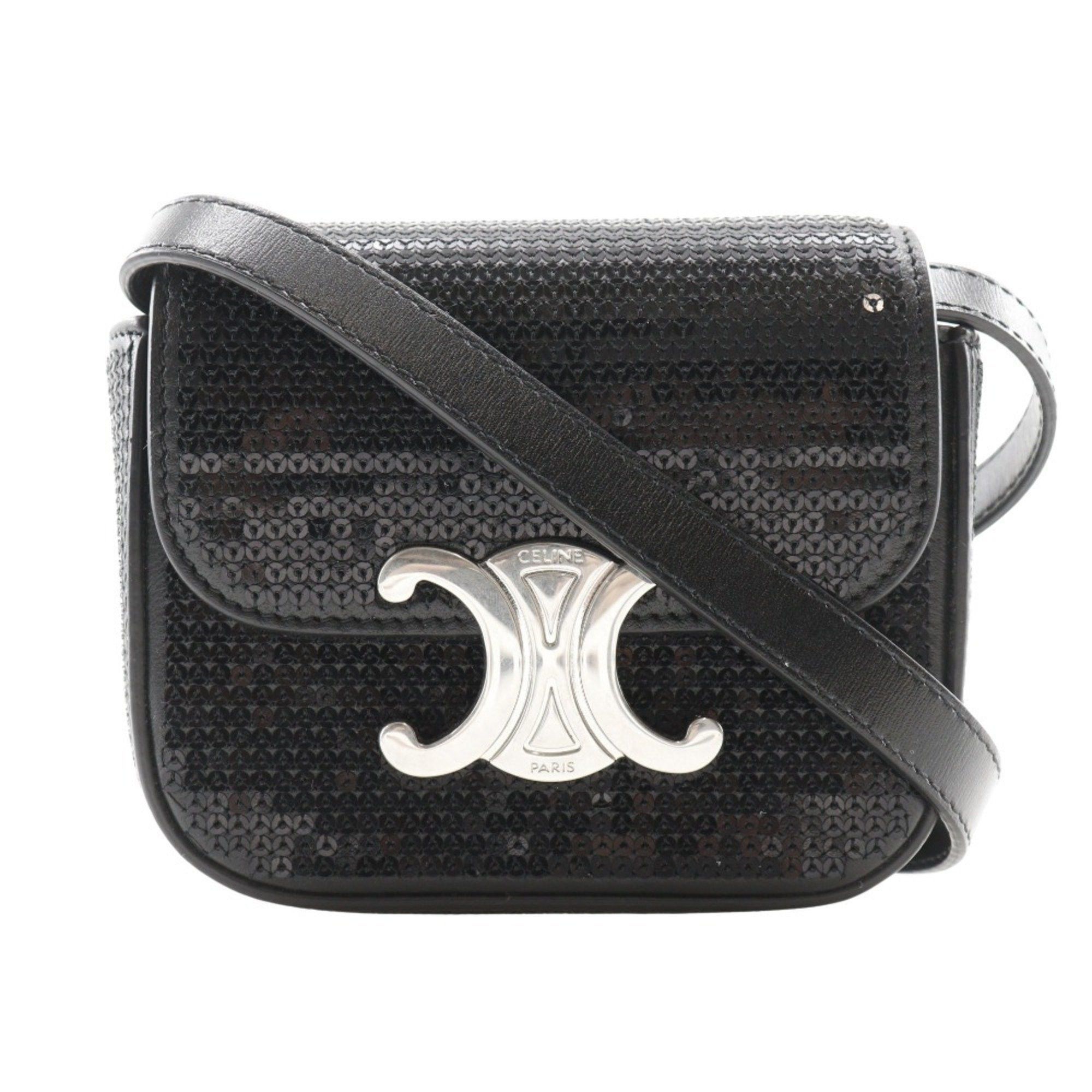 Celine Mini Triomphe Shoulder Bag Clutch Leather X Sequins Black 2Way Snap Button Women's G122025002