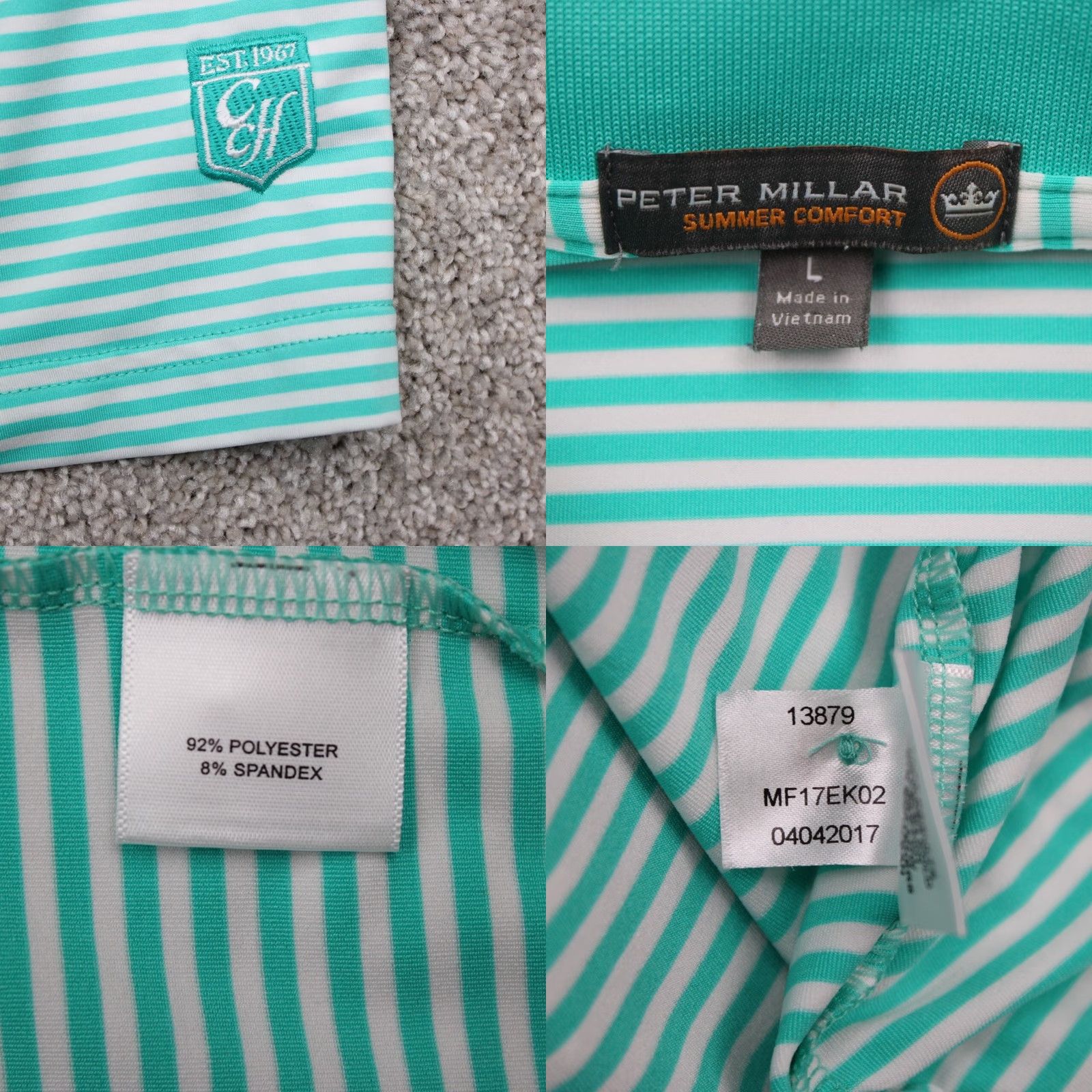 Peter Millar Peter Millar Summer Comfort Polo Shirt Mens Large Green Polyester Stretch S/S Golf Logo Left Sleeve Size US L / EU 52-54 / 3 - 8 Thumbnail