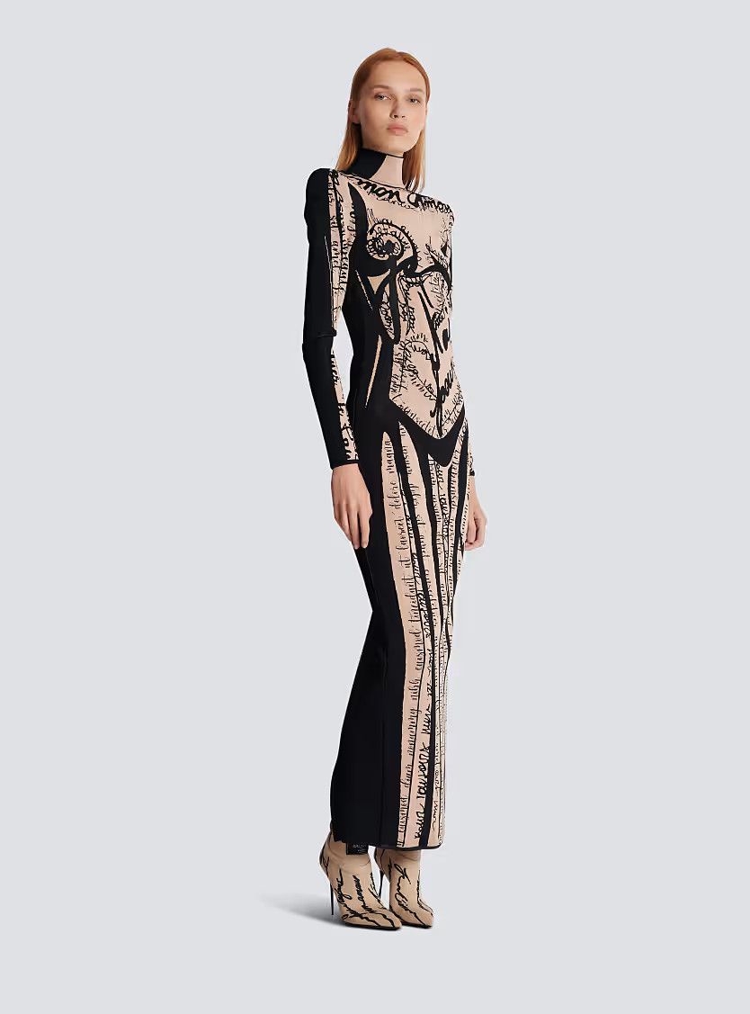 Balmain o1s1wg111225 Long Knit Dress With Body Motif in Beige Size M / US 6-8 / IT 42-44 - 2 Thumbnail