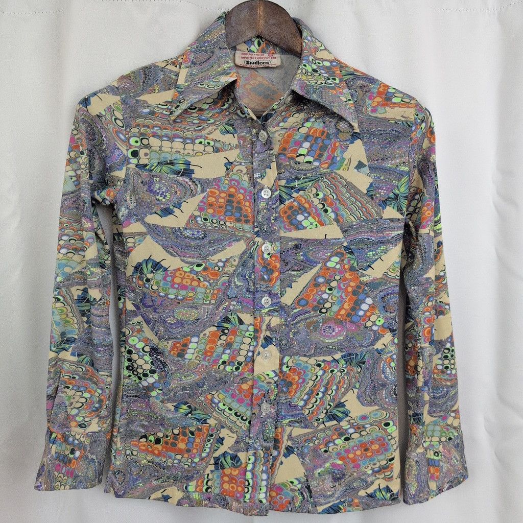 Vintage Ladies' 70s Vintage Psychedelic "Disco" Shirt Small Size S / US 4 / IT 40 - 8 Thumbnail