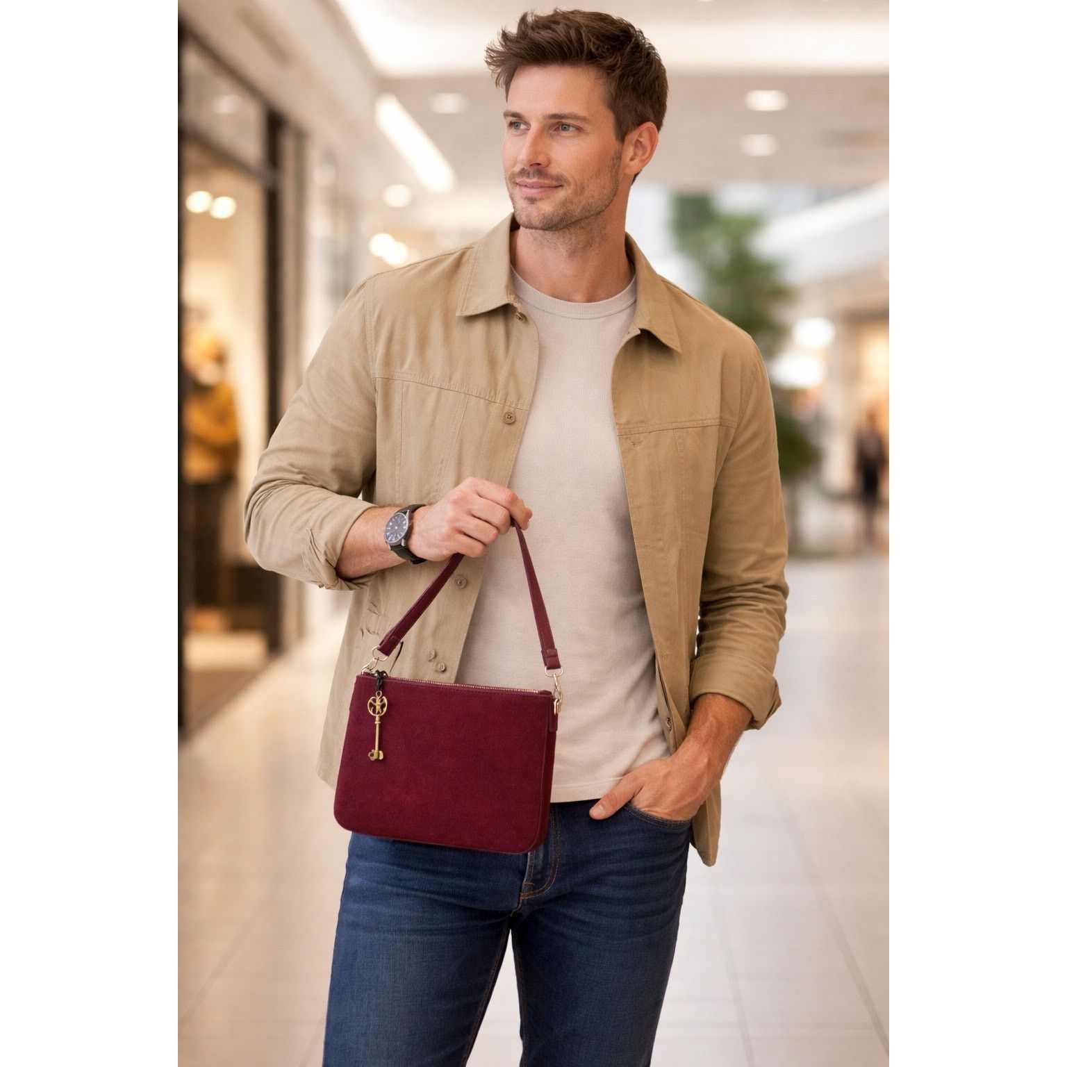 Old Navy Old Navy Burgundy Crossbody Bag Suede Key Charm 3 Pocket Size ONE SIZE - 4 Thumbnail