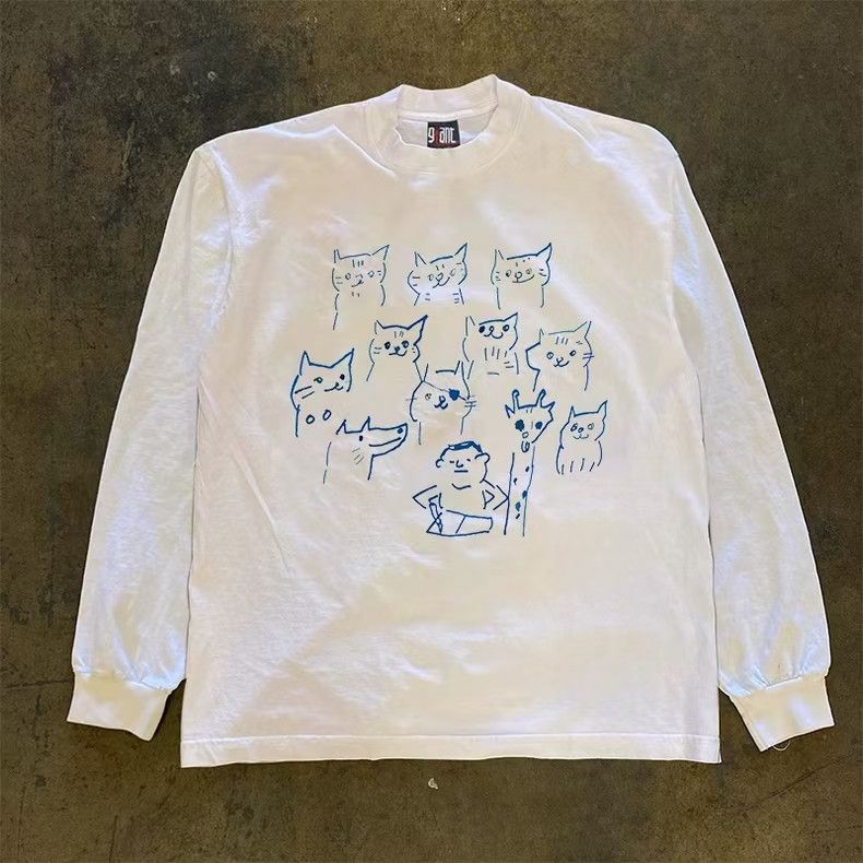 Vintage White retro cute cat print long-sleeved t-shirt Size US M / EU 48-50 / 2 - 1 Thumbnail