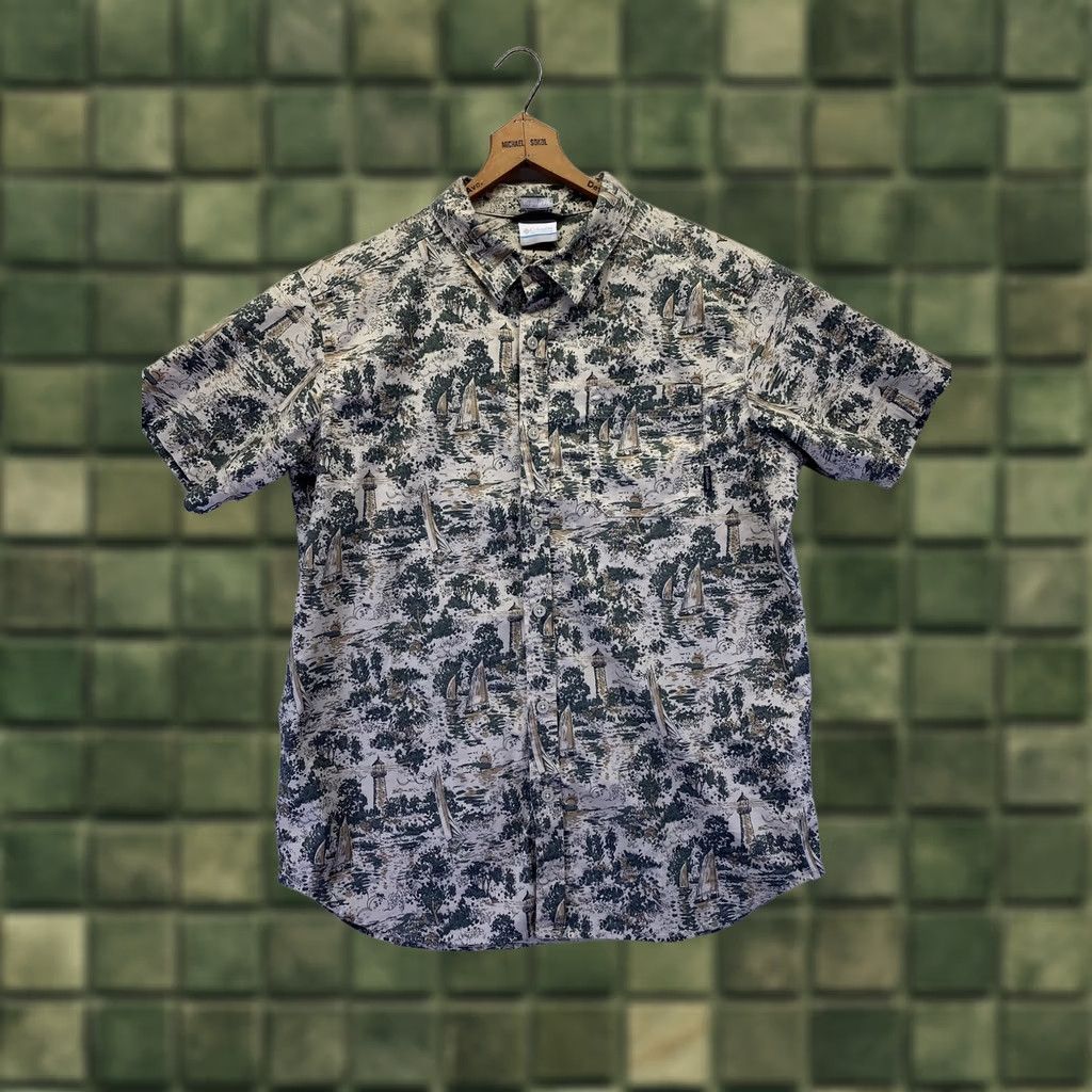 Vintage Columbia Shirt Mens Button-Up Lake/Lighthouse Theme Short Sleeve Regular Fit Sz L-5695 Green Tan Logo Outdoor Fish 90s (if applicable) Mens Size US L / EU 52-54 / 3 - 1 Thumbnail