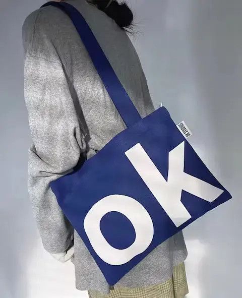 Fashion Y2K Ok Canvas Shoulder Bag Tote Bag Aesthetic in Blue, Men's