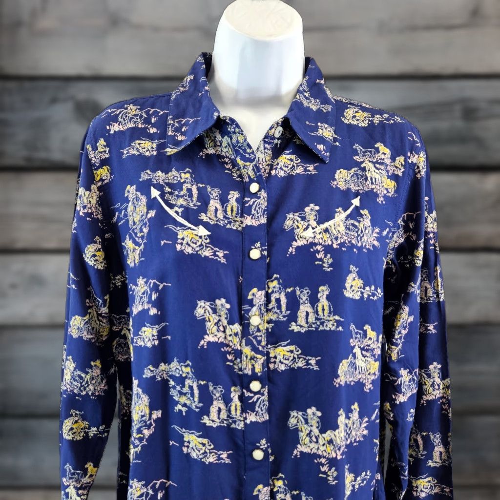 Vintage Cruel Denim Womens Pearl Snap Shirt Sz Small Blue Yellow Long Sleeve Rayon Size S / US 4 / IT 40 - 1 Thumbnail