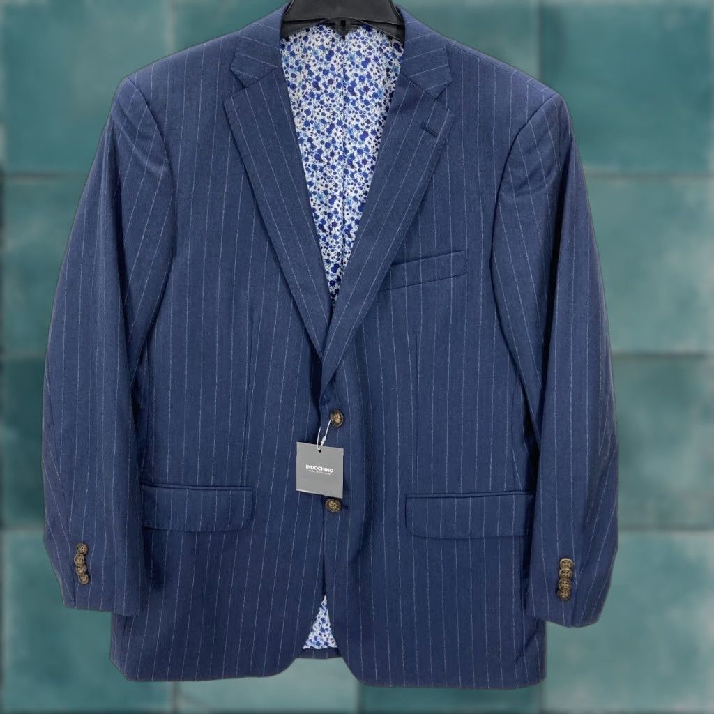 INDOCHINO Newbury 54 Sport Coat Blazer Jacket Mens 44 Blue Striped Wool Floral