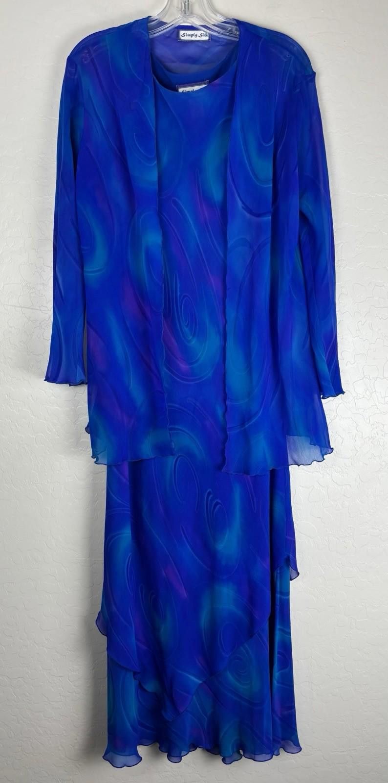 Simply Silk Floral Silk 2 Pc Dress Jacket Ruffle L Blue 1766