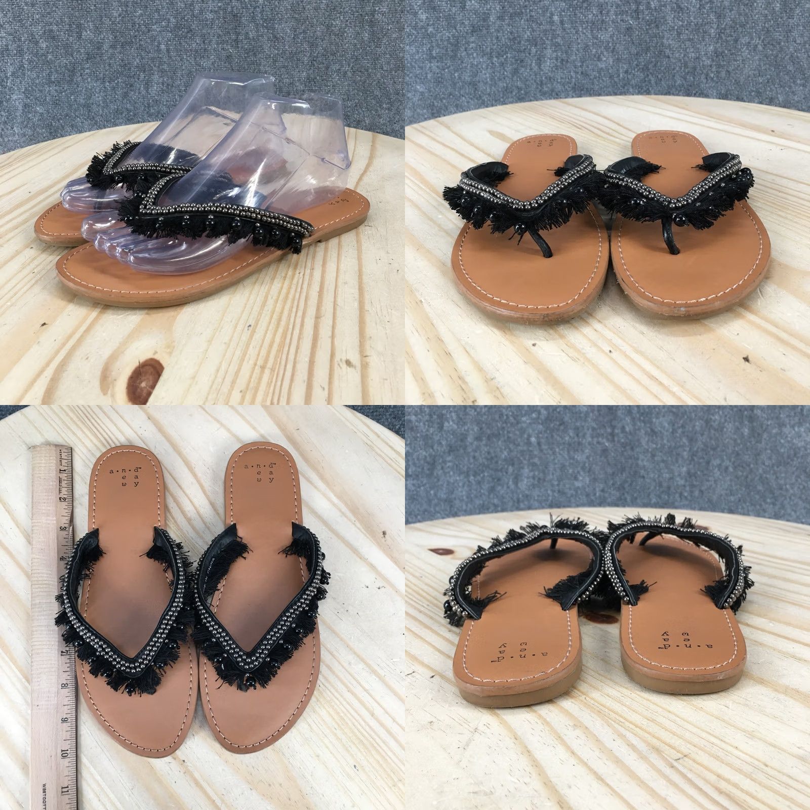 Vintage A New Day Sandals Womens 7.5 Thong Black Beaded Fringe Toe-Post Comfort Flats Size US 8 / IT 38 - 8 Thumbnail