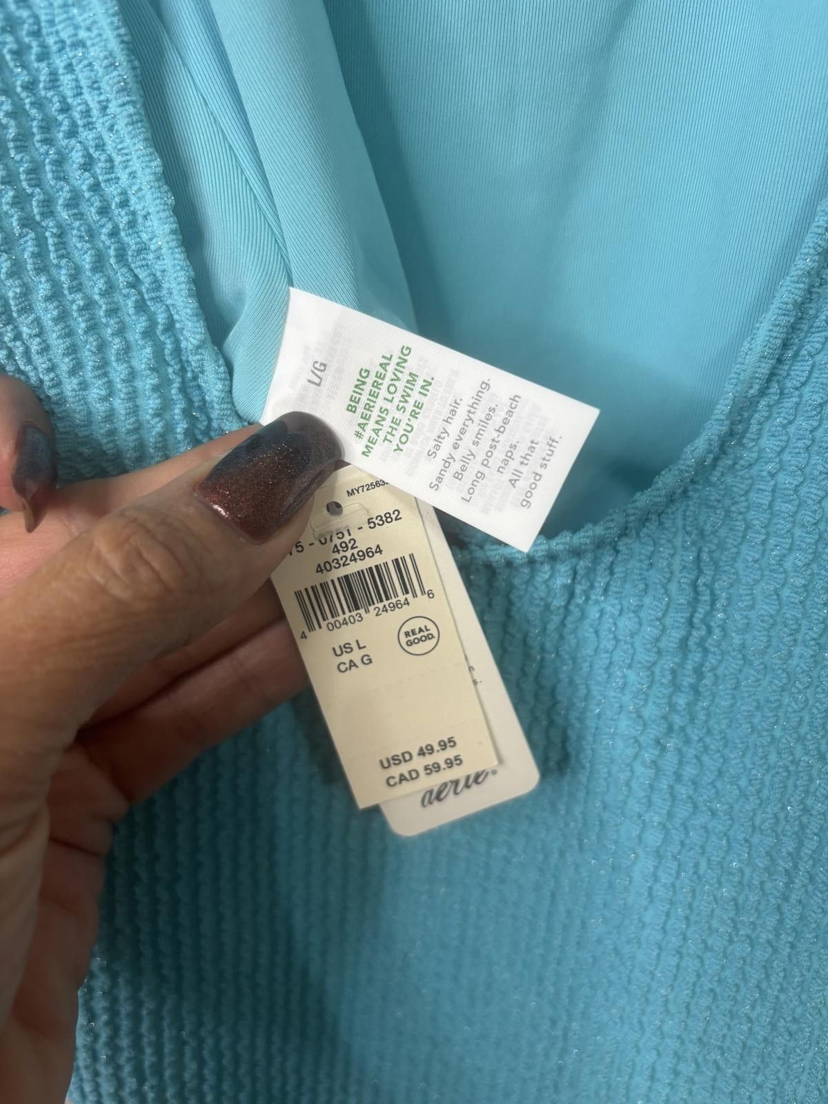Designer Aerie Aqua Blue Ribbed One-Piece Swimsuit Large Size ONE SIZE - 5 Thumbnail