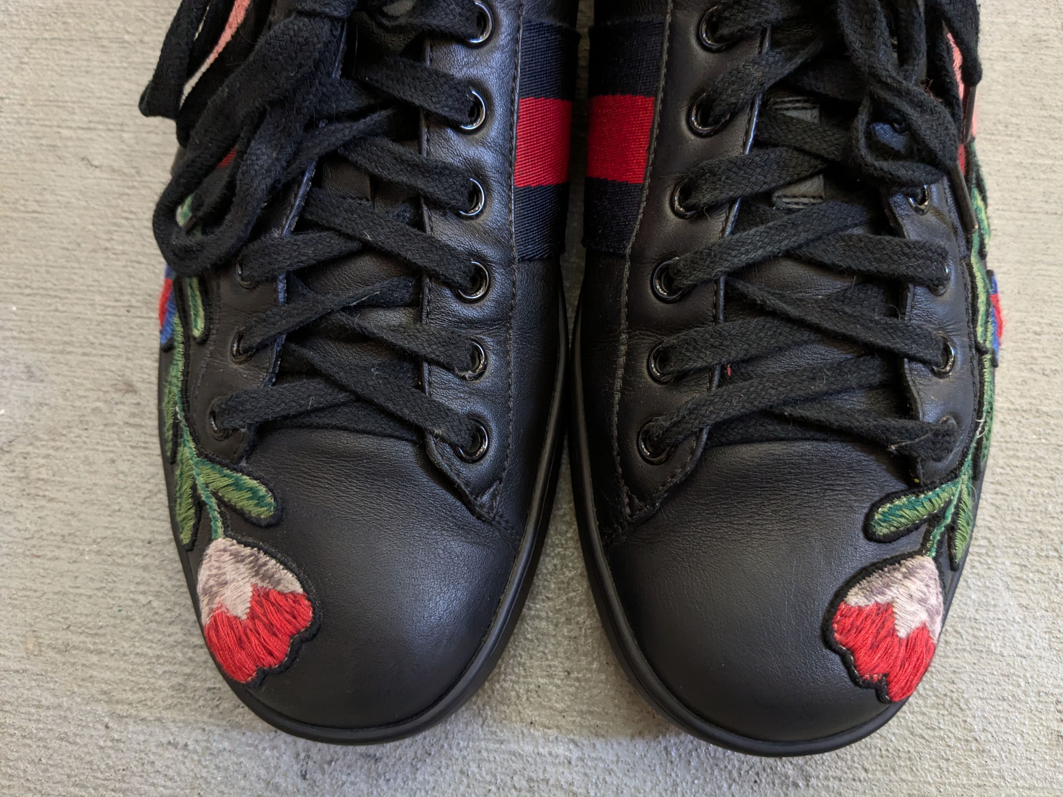 Gucci Gucci Ace Sneakers Black 8.5 Leather Flower Embroidered Size US 8.5 / EU 41-42 - 3 Thumbnail