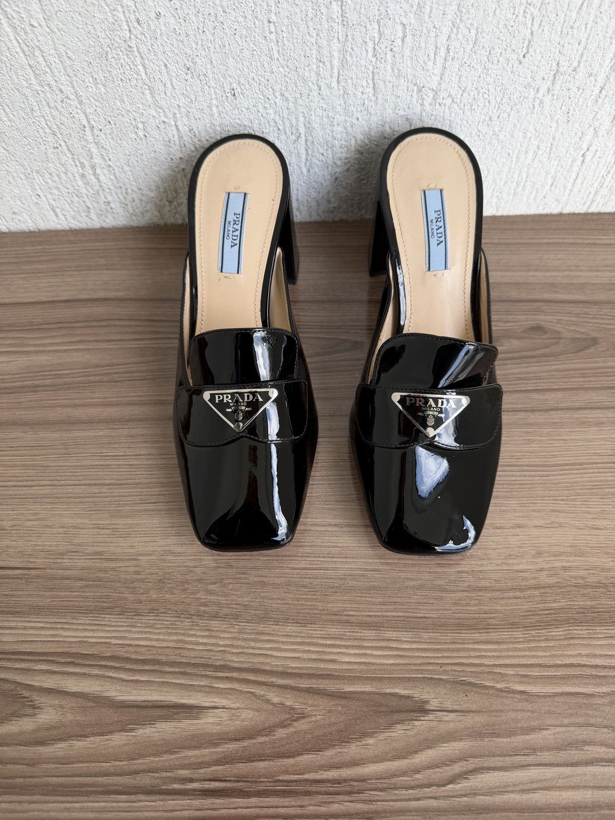 Prada Patent leather triangle logo mules heel Size US 7 / IT 37 - 3 Thumbnail