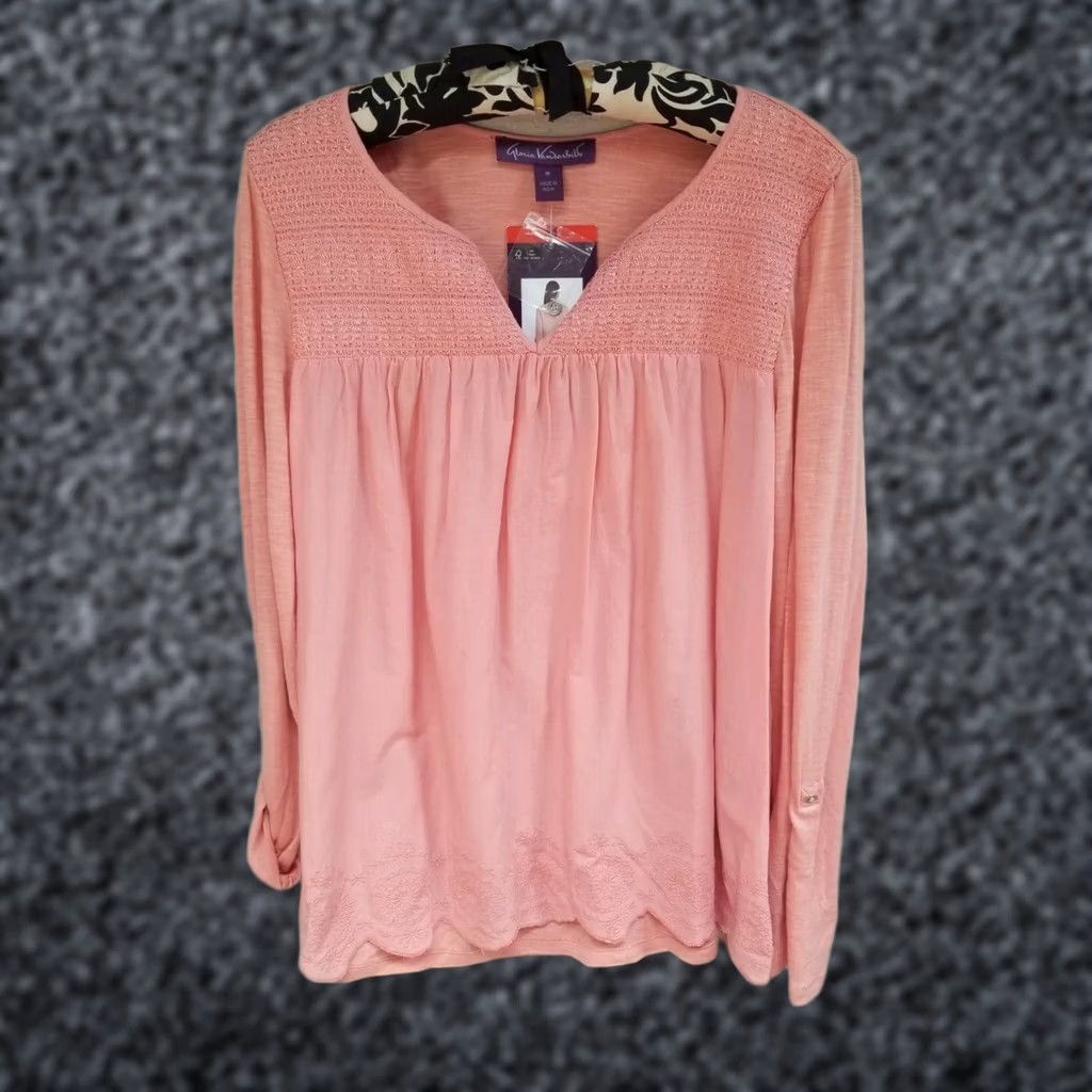 Gloria Vanderbilt Gloria Vanderbilt Daphne Womens Top Medium Coral Embroidered Roll Tab Sleeve Blouse Size M / US 6-8 / IT 42-44 - 1 Thumbnail