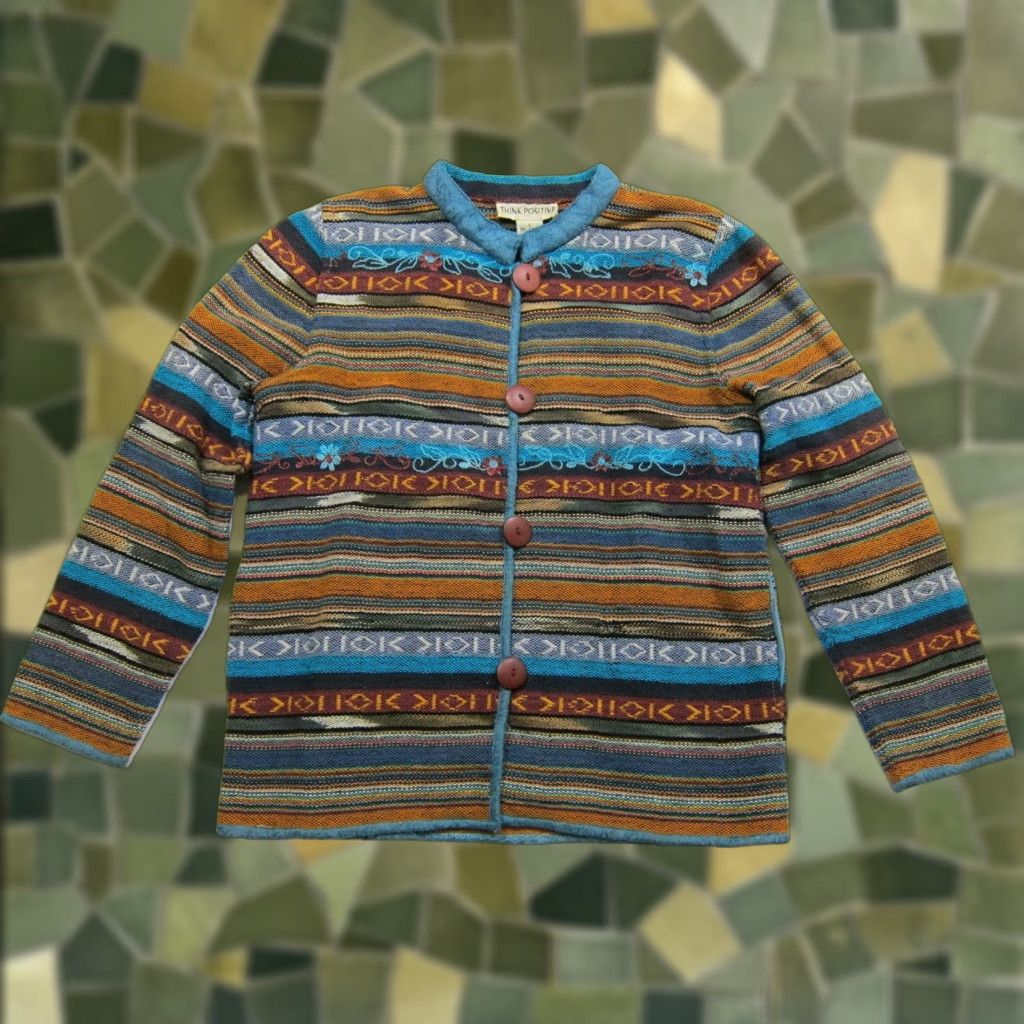 Vintage VINTAGE Think Positive Woven Cotton Blue Orange Ethnic Button-Down Jacket Women Small Size S / US 4 / IT 40 - 1 Thumbnail